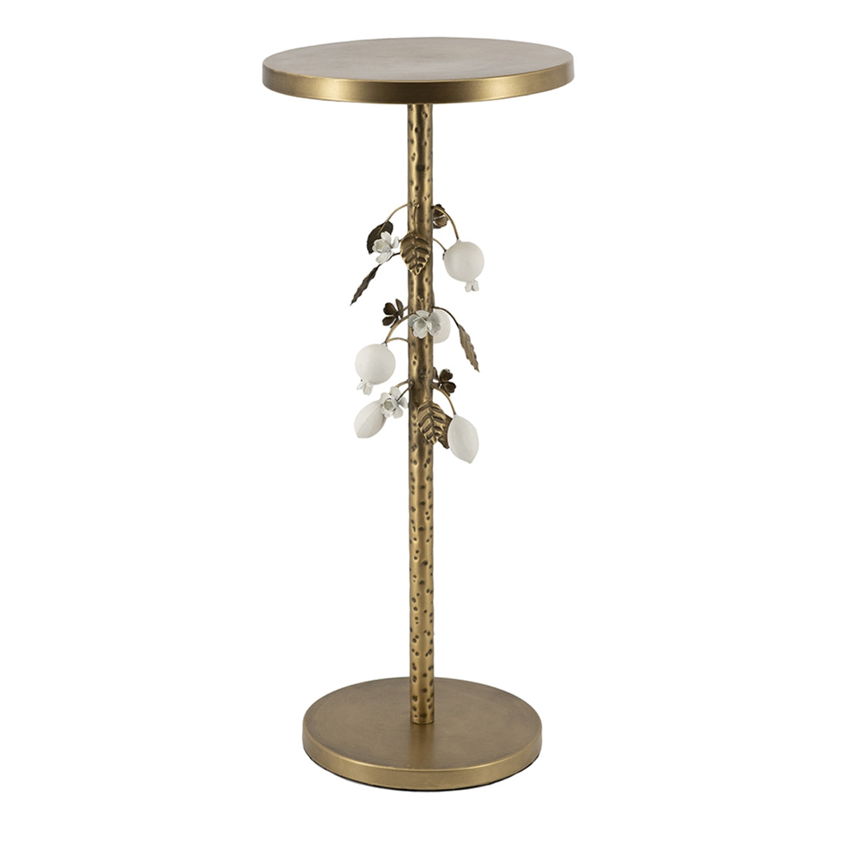 Round Iron Side Table with Gold and White Floral Accents and Cement Base