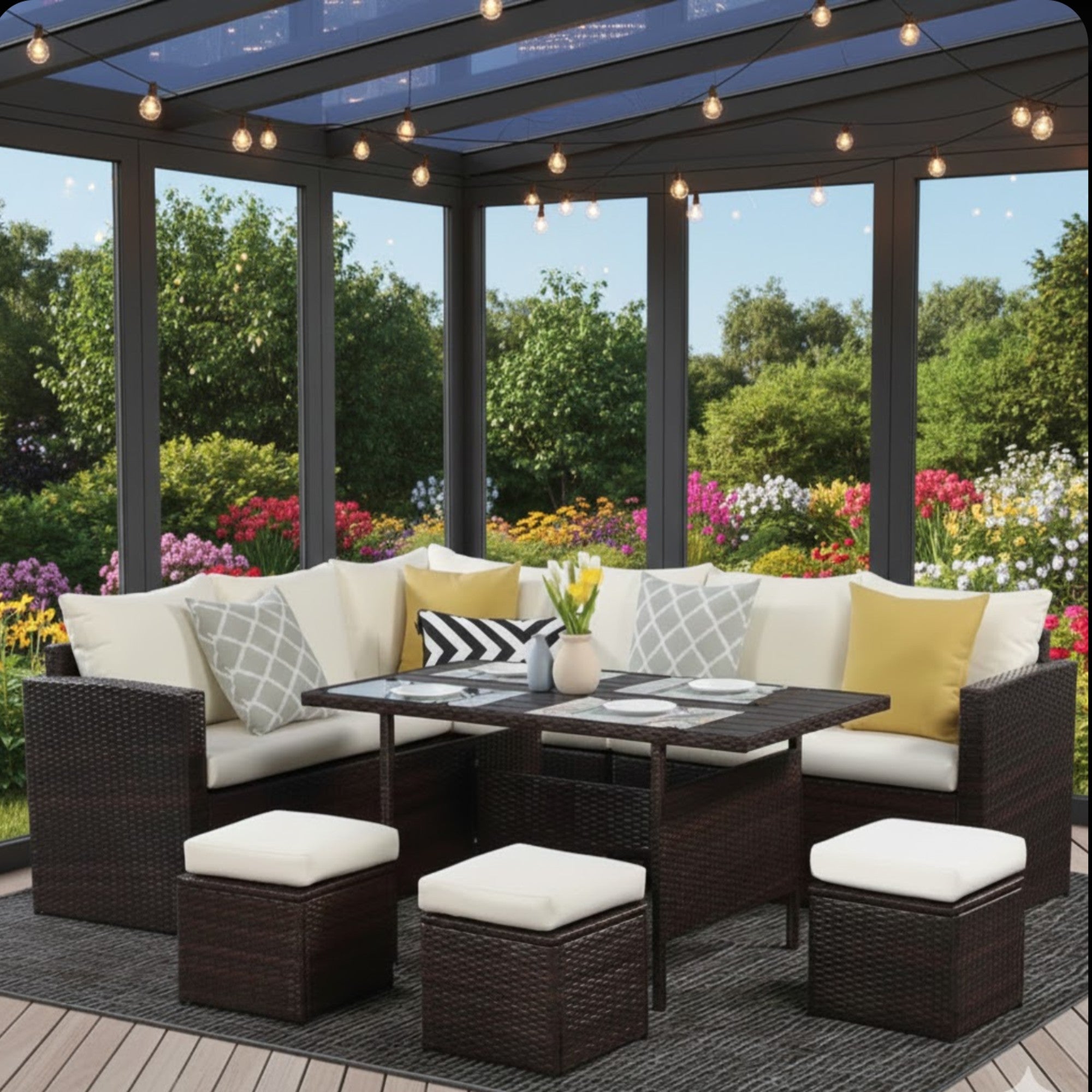 7-Piece All-Weather Wicker Patio Dining Set with Blue Cushions