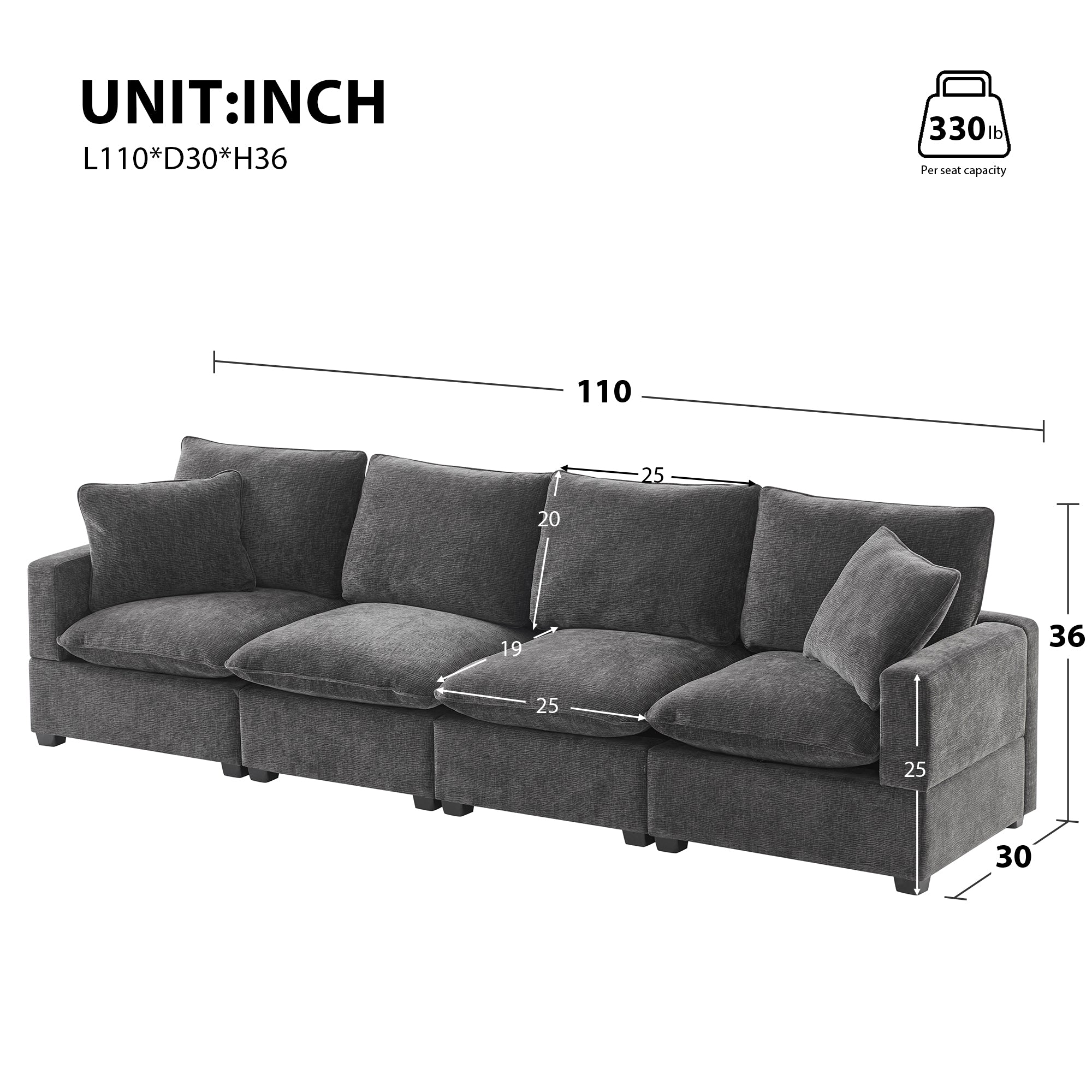 Chenille Modular Sofa with 2 Pillows, Seats 4