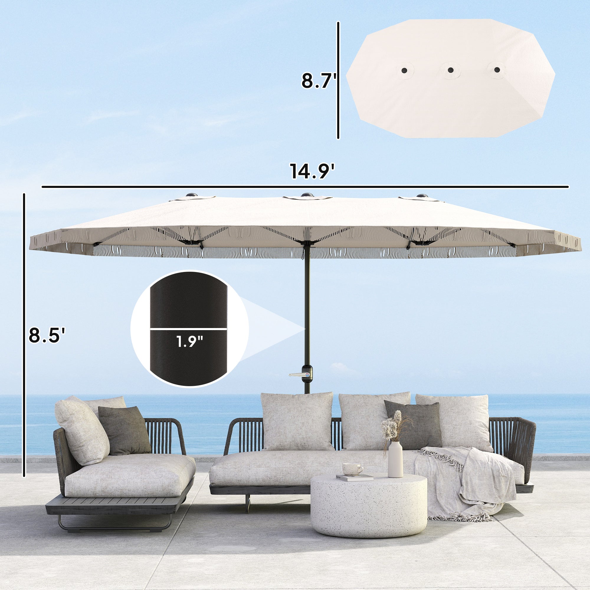 Oversized Fringe Trim Patio Umbrella with Crank Handle