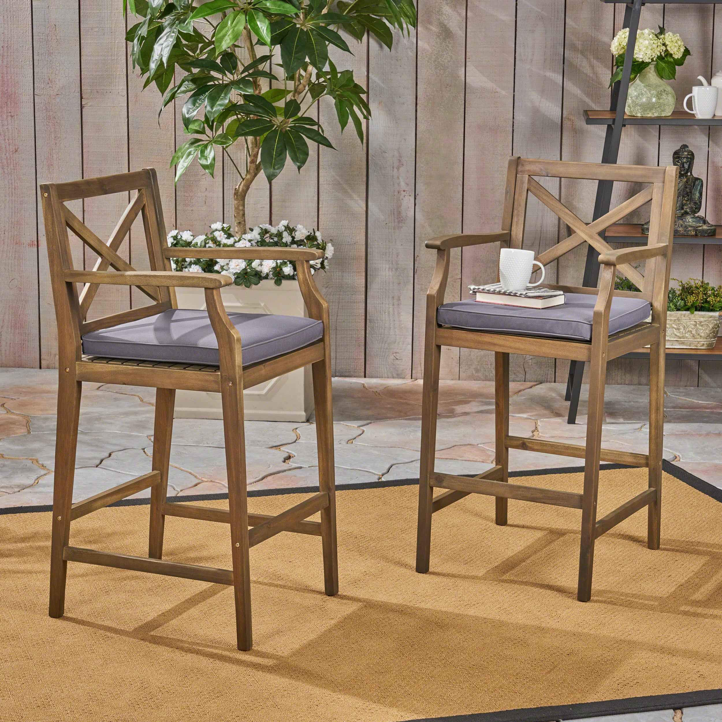 Perla Outdoor Acacia Wood Barstools, Set of 2
