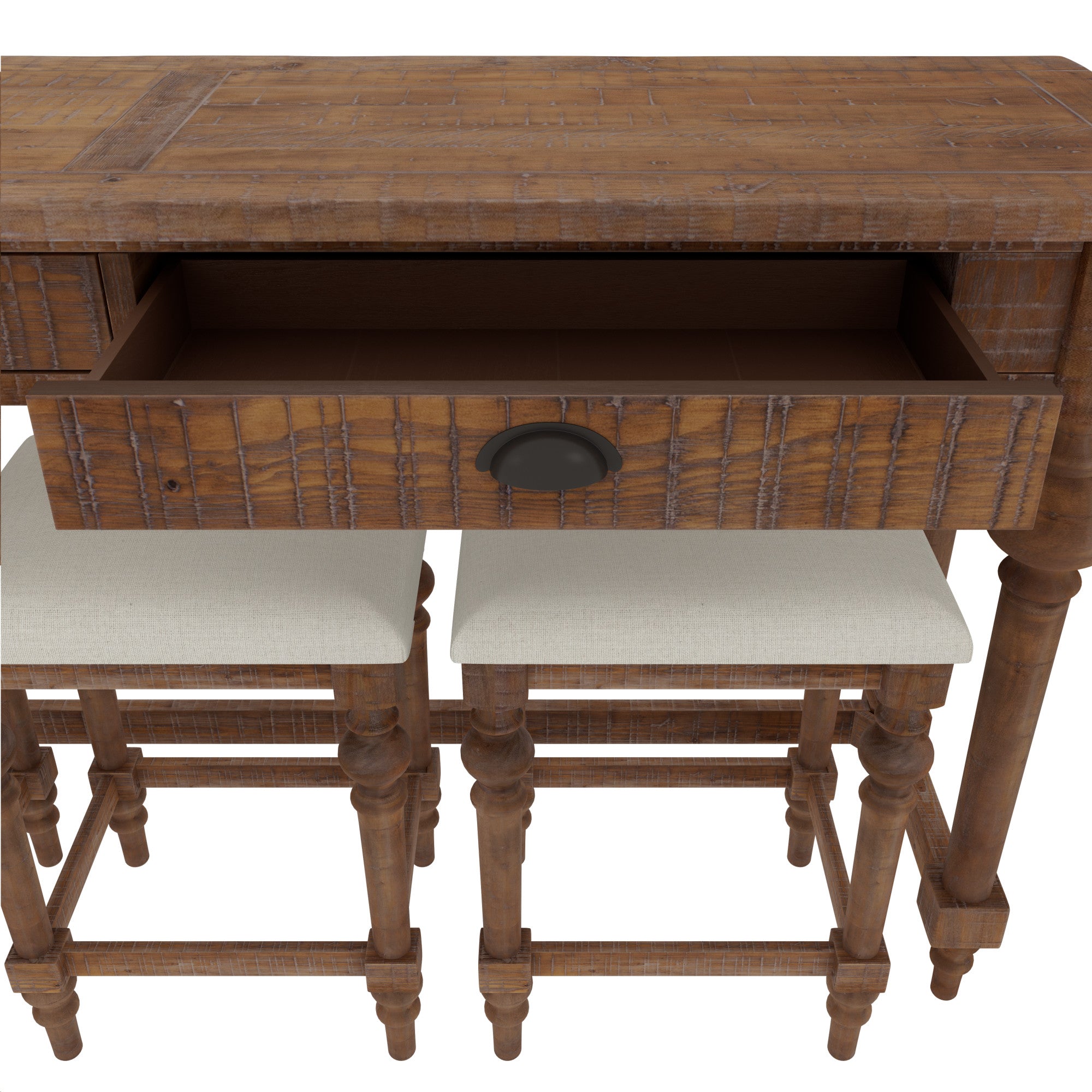 4-Piece Console Table with 3 Stools, 2 Drawers and Turned Legs
