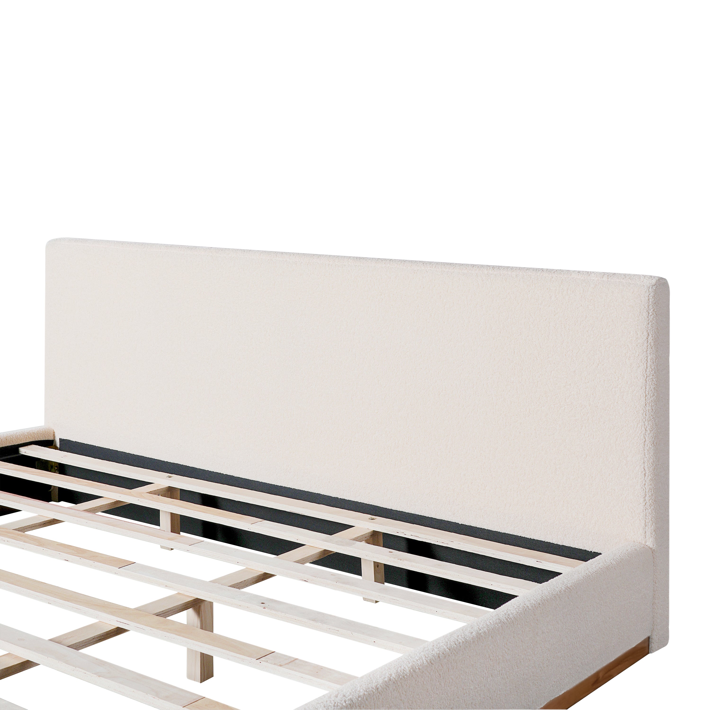 Elegant White Fabric Upholstered Bed With Nice Wood Grain Textured Solid Wood Base Frame