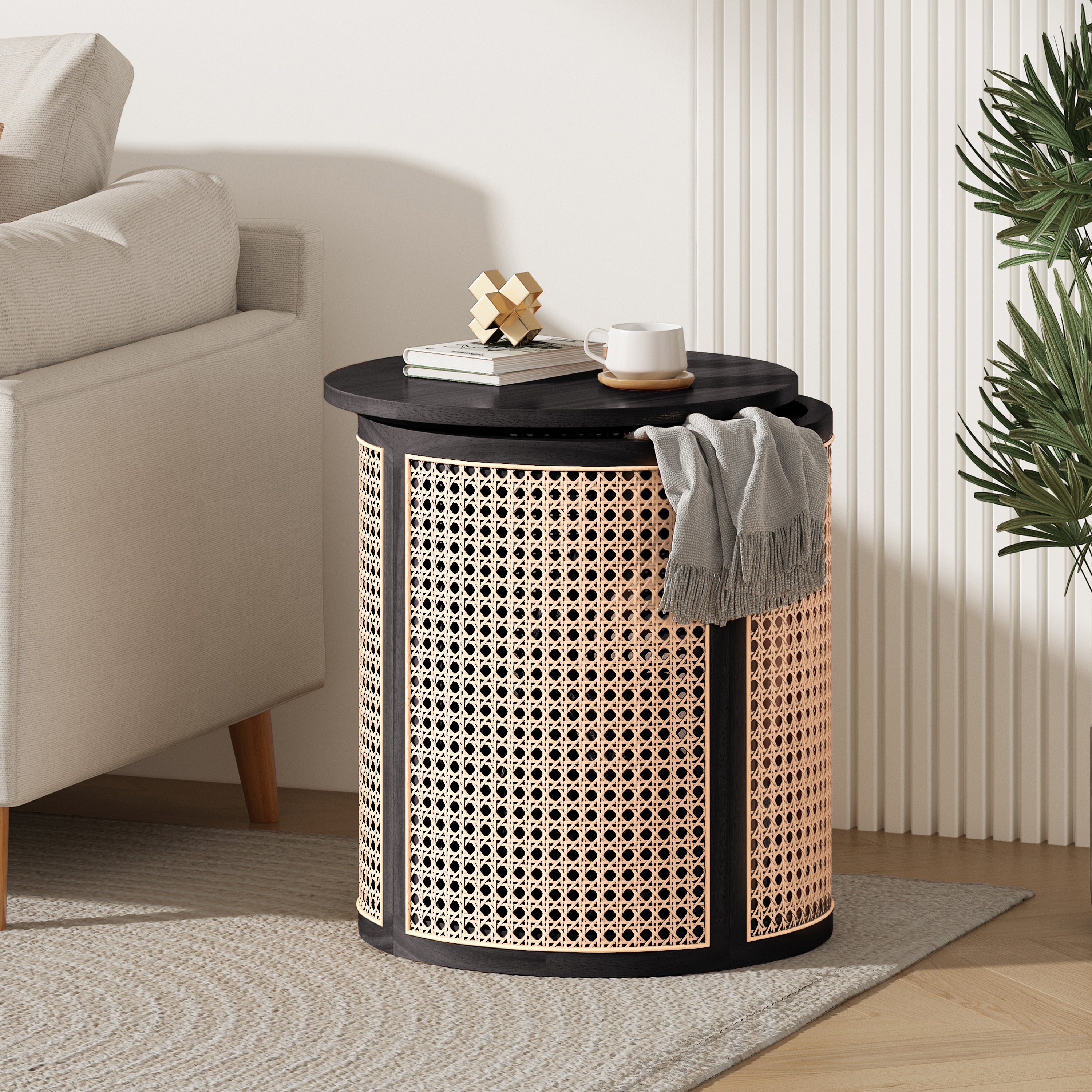 Round Rattan Pillar Storage Accent Table