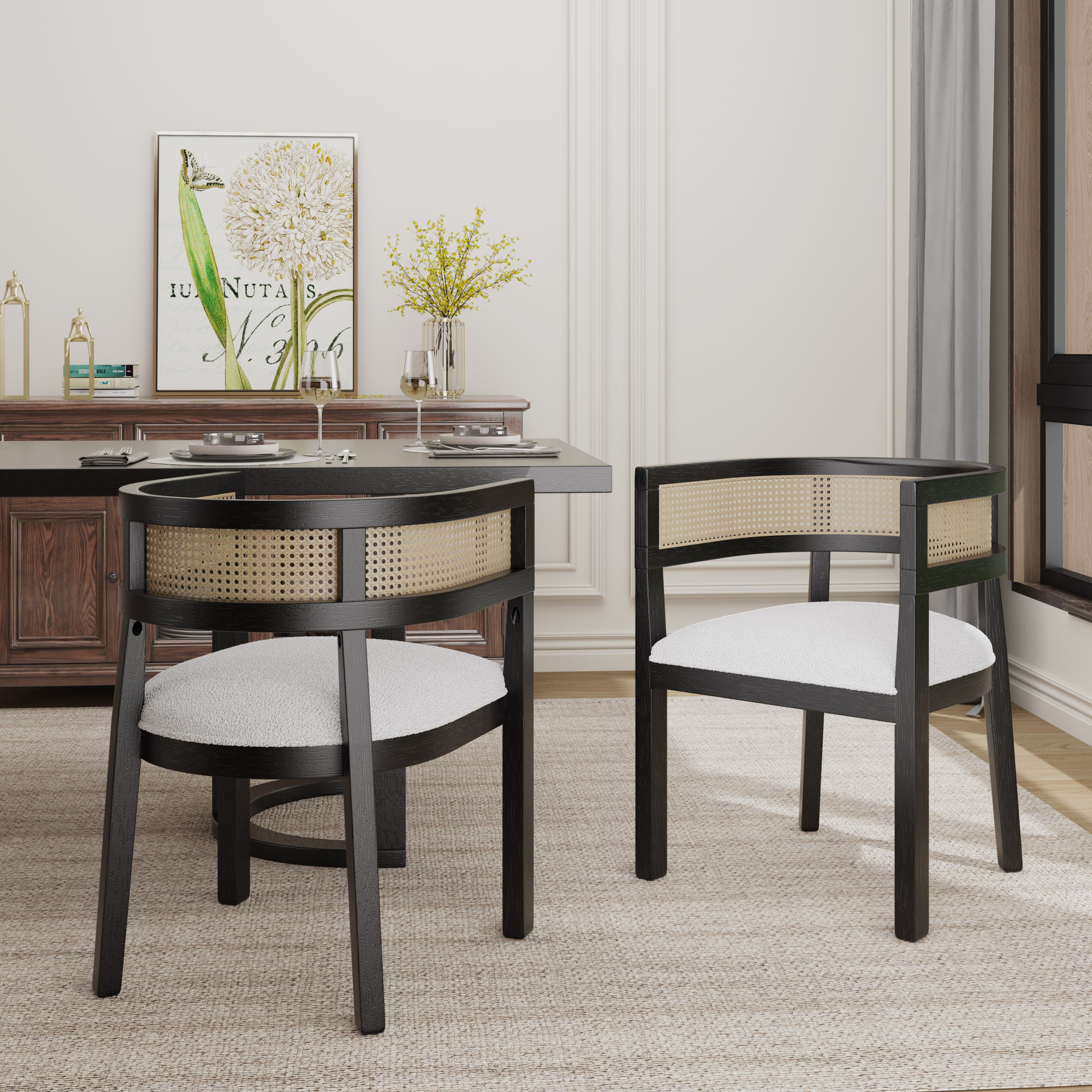 Barrel Dining Chair with Rattan Back, Set of 2