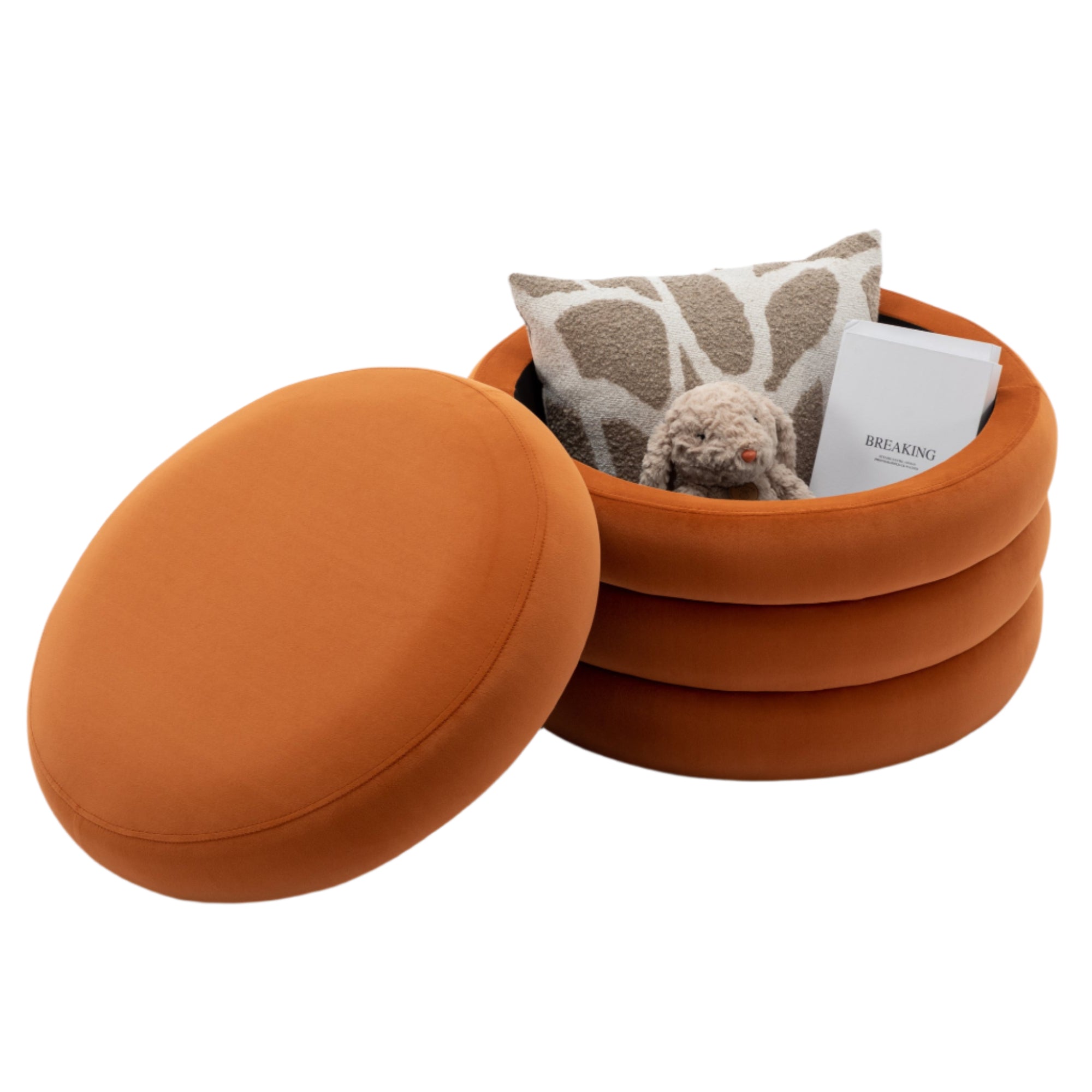 Boucle Storage Round Ottoman Footstool With Wooden Shelving
