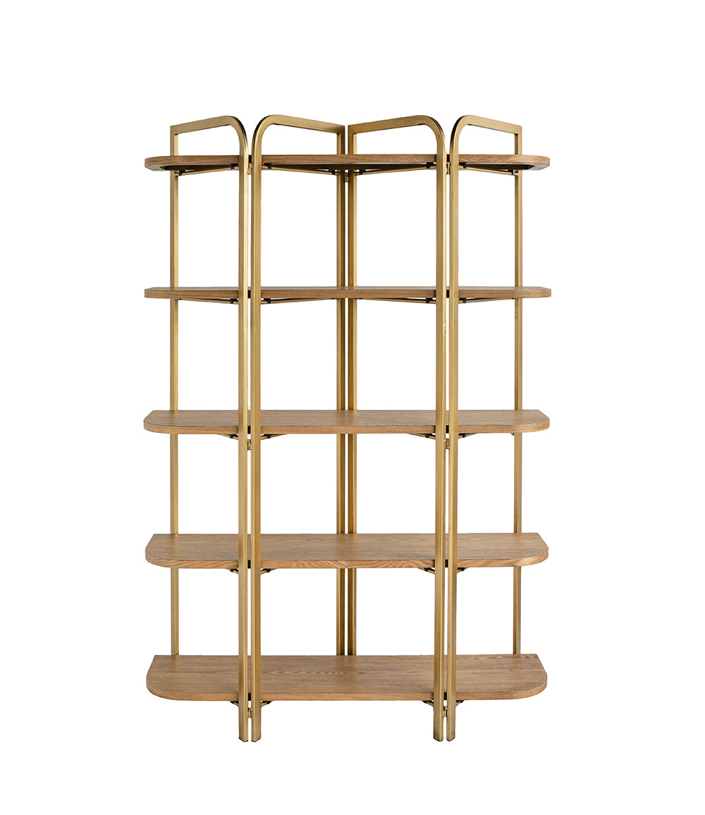 4-Wooden Five-Tier Shelving Unit with Ash Veneer Finish and Scalloped Iron Frame