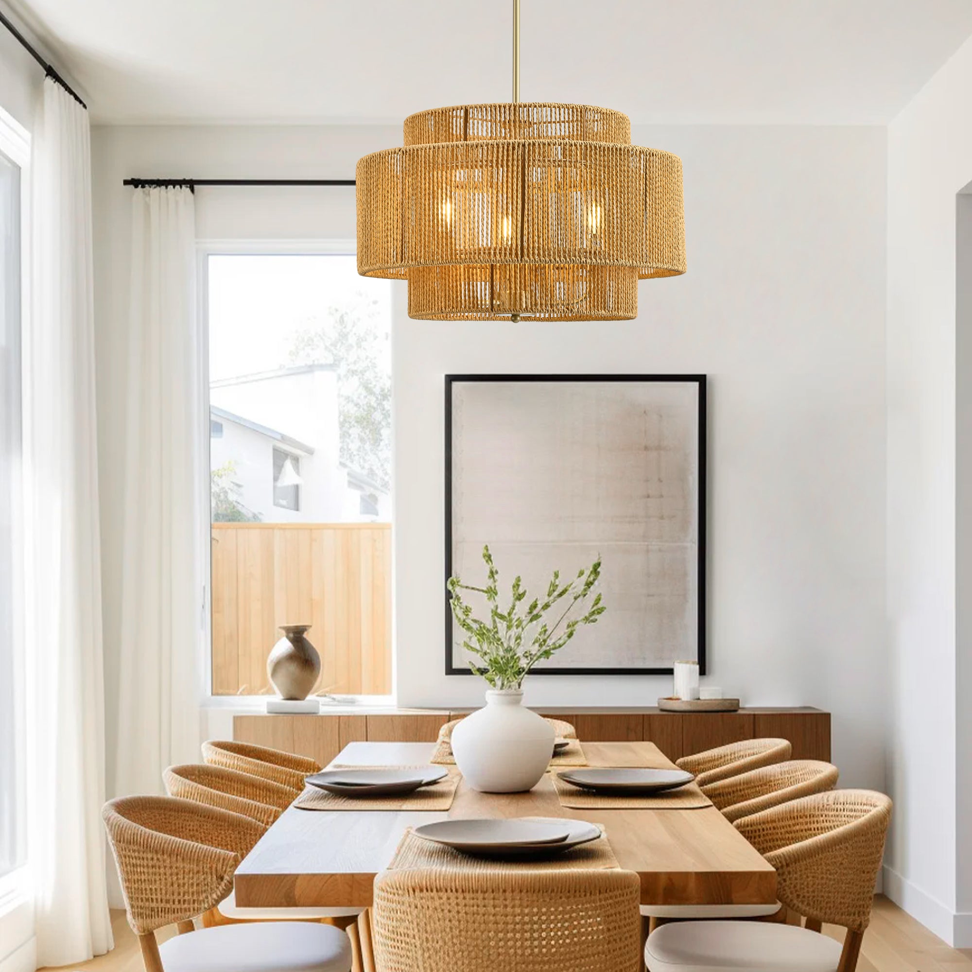 Boho Rattan Chandelier, 3-Light