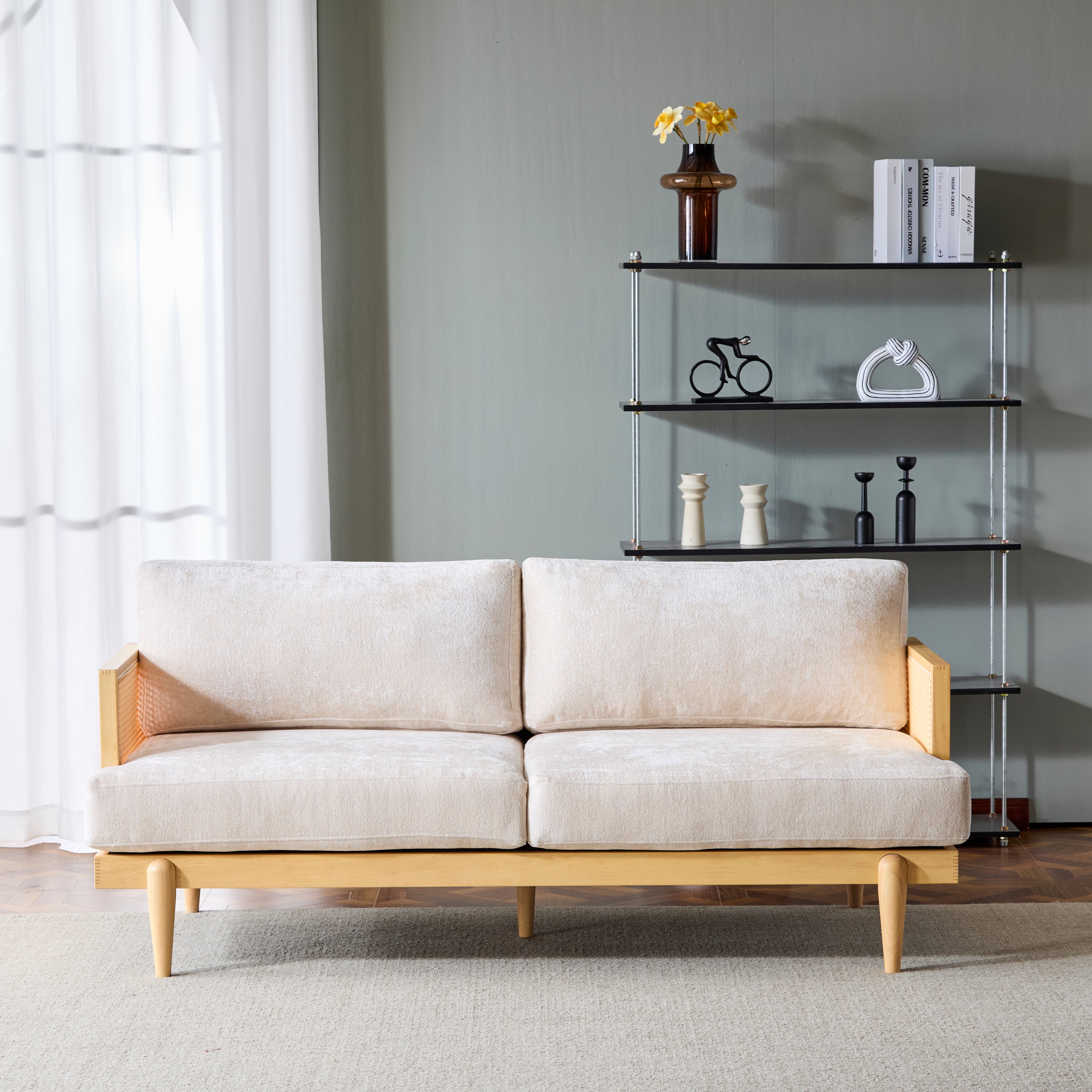 3-Seater Sofa with Cane Rattan and Wooden Frame