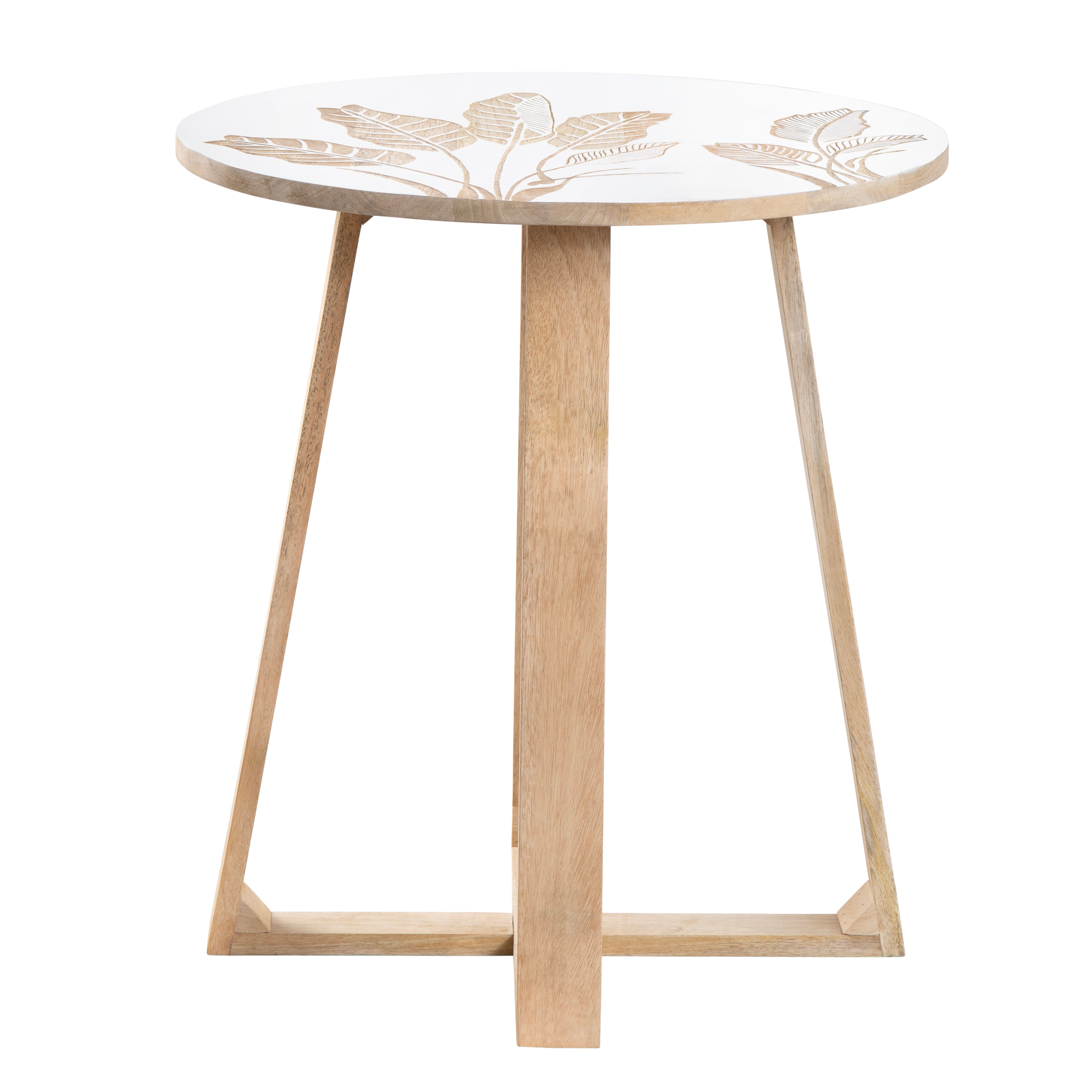 Leaf Design Round Brown Solid Wood Accent End Table