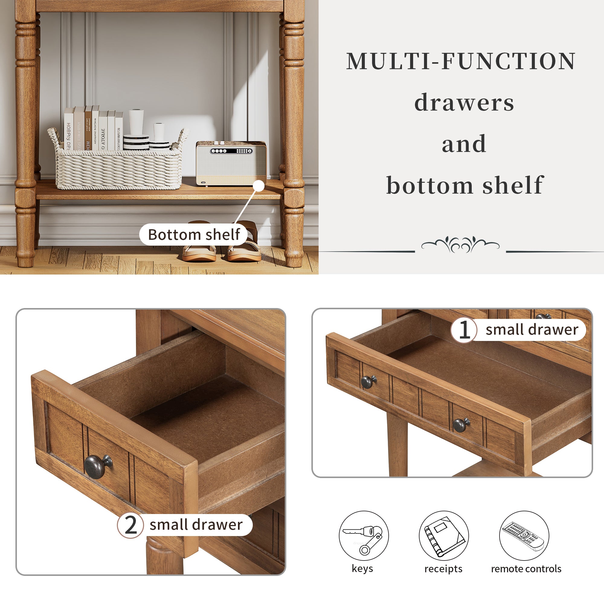Conquest Narrow Console Table with 3 Drawers and Bottom Shelf