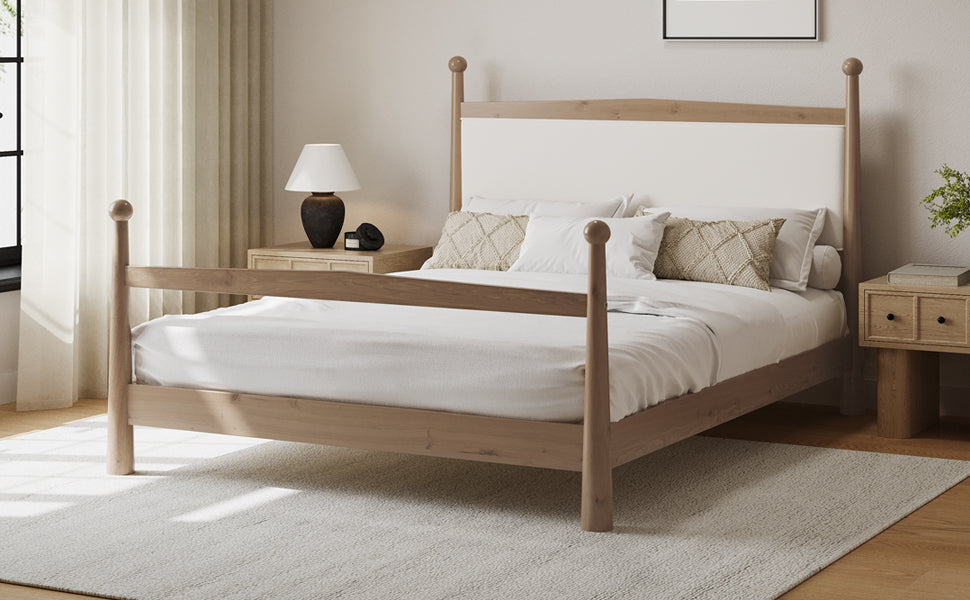 Mid-Century Modern Wood Platform Bed with Upholstered Headboard