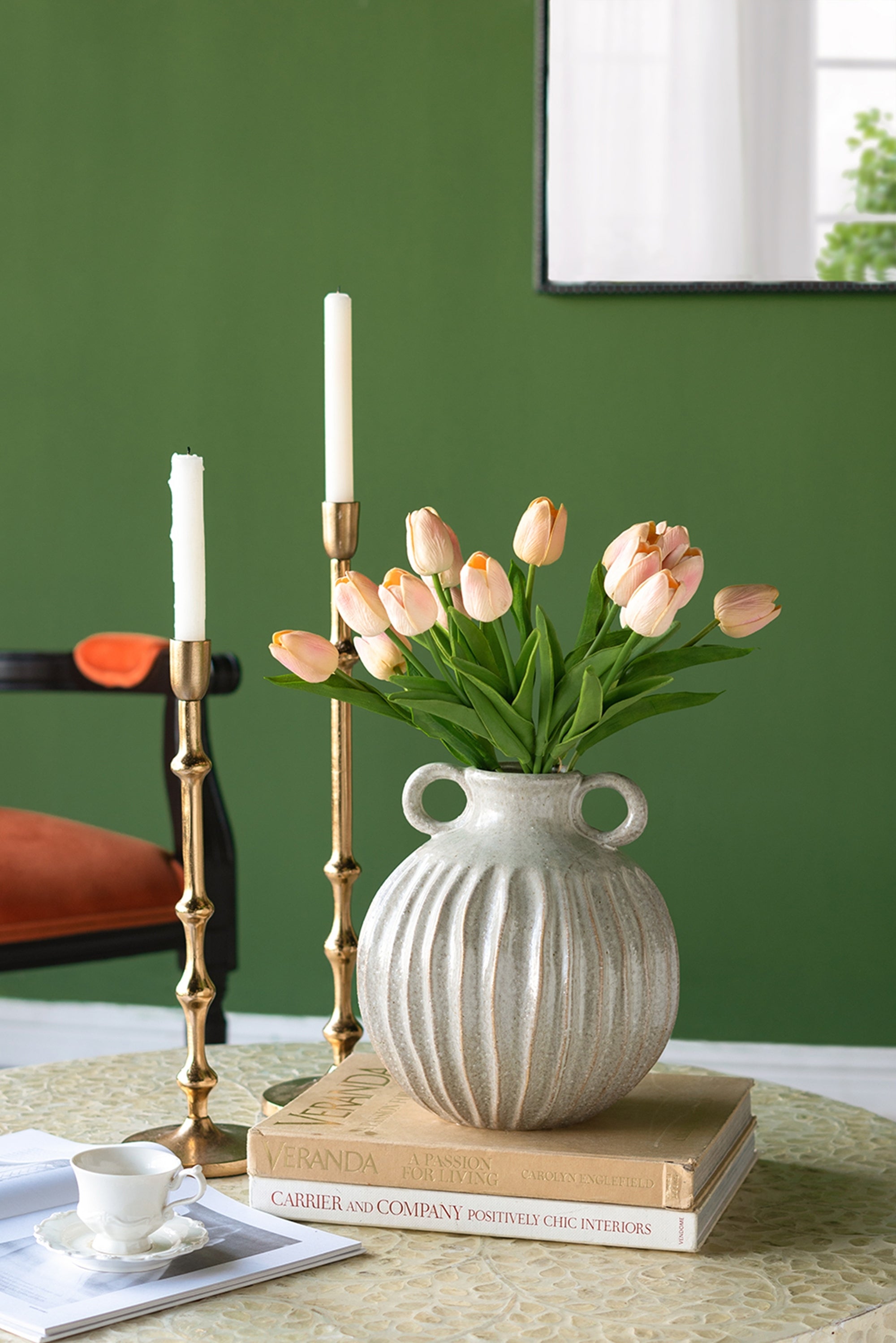 Decorative Round Ceramic Flower Vase with Small Handles and Textured Motif, Gold