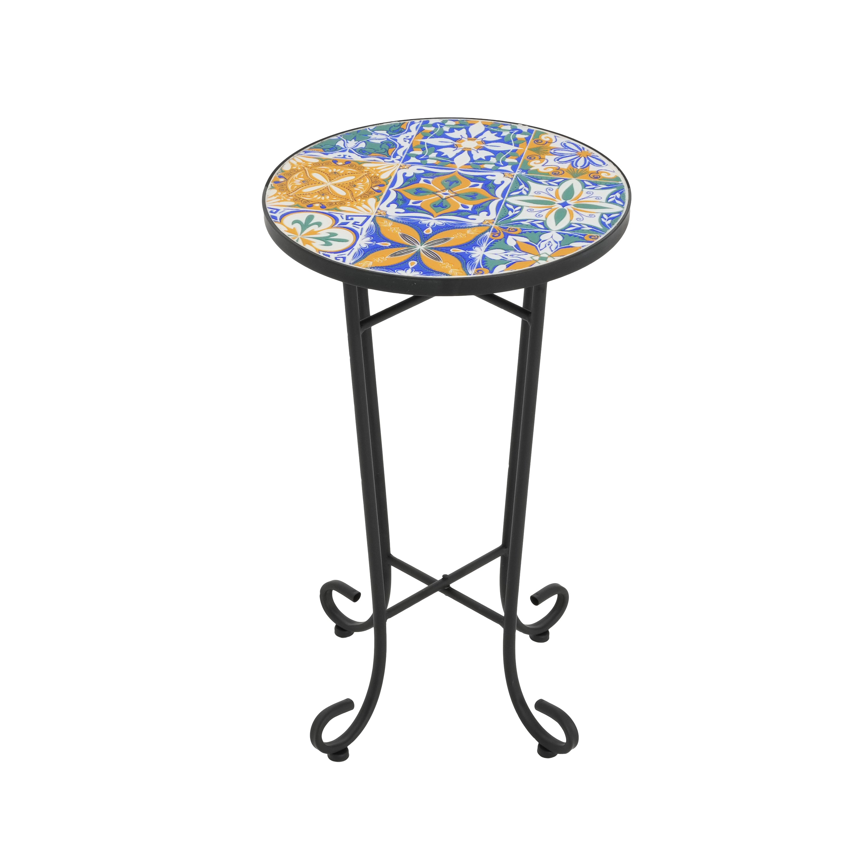 Warmthly Outdoor Round Side Table with Vibrant Tile Top and Elegant Scrolling Legs