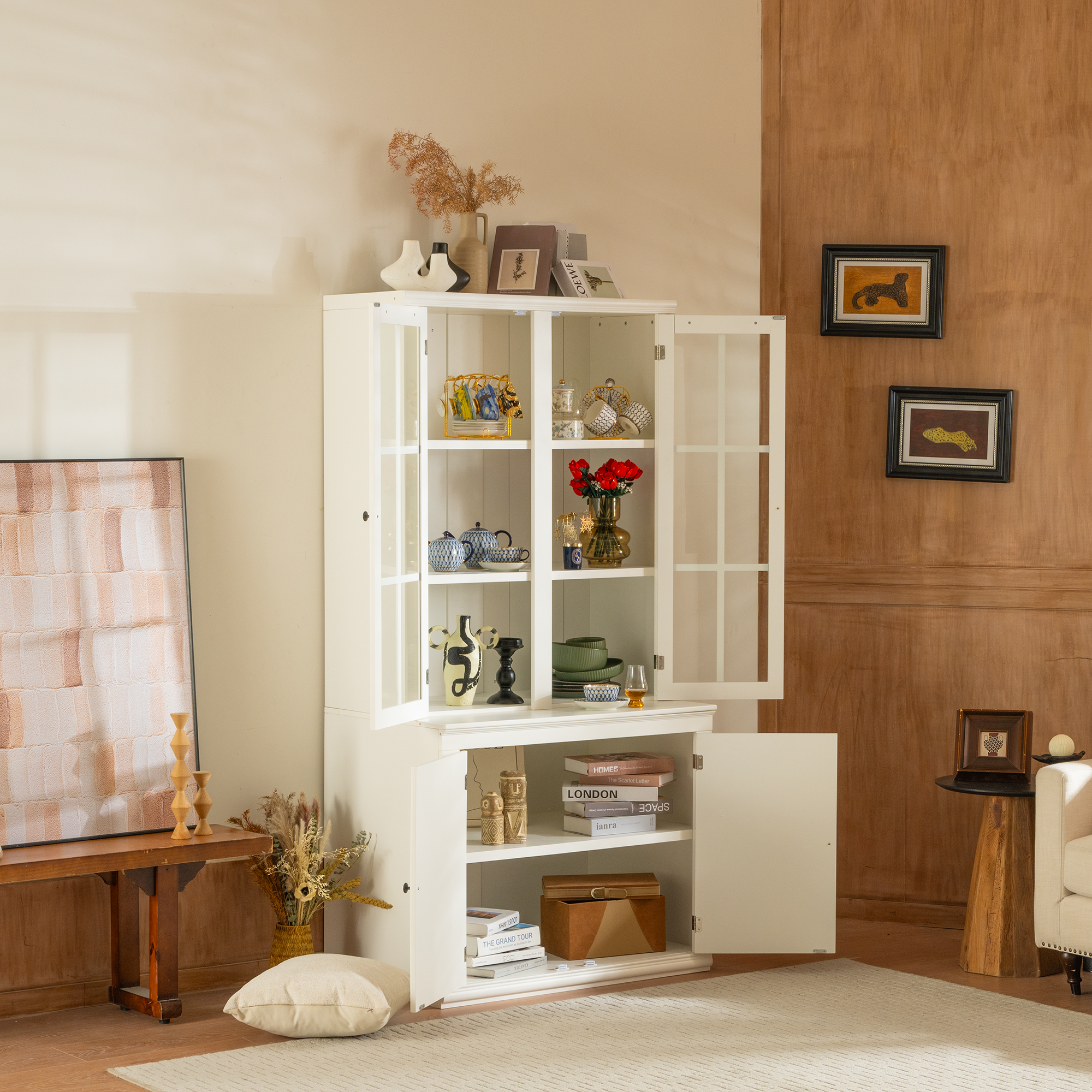Classic Hutch Cabinet with Double Glass Doors