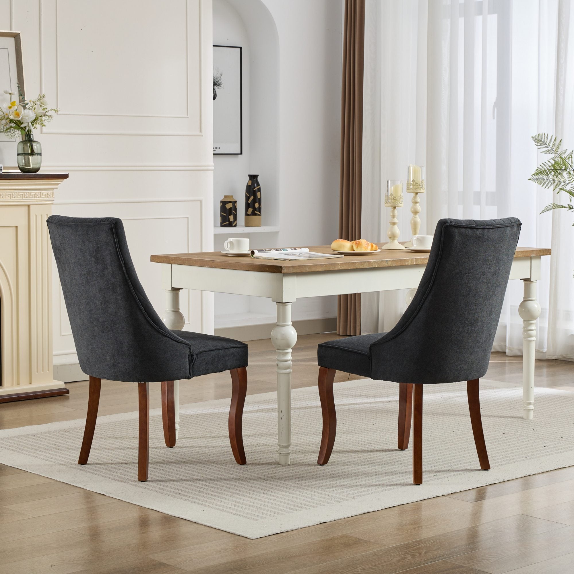 Rayon Cloth Flocking Linen Dining Chairs Channel Kitchen Dinner Chair Comfy Fabric Upholstered Accent Chair for Dining Room with Curved Solid Wood Legs,Set of 2 (Black), SW1847BK