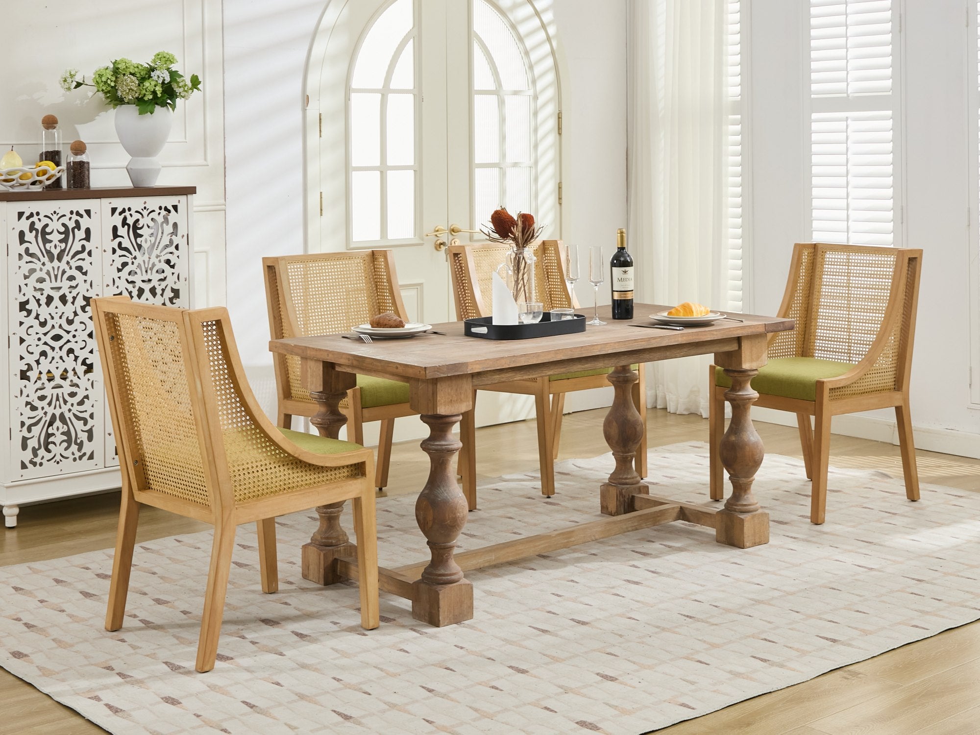 Linen Upholstered Rattan Dining Chair with Decorative Armrests