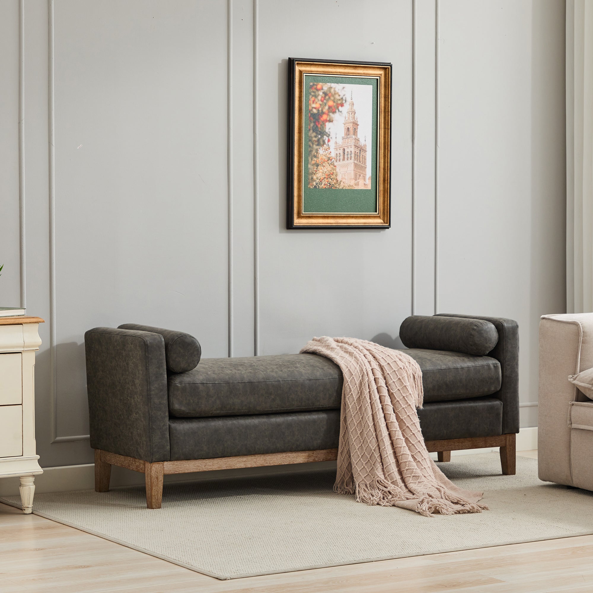 Upholstered Bench with Wood Legs and Two Bolster Pillows