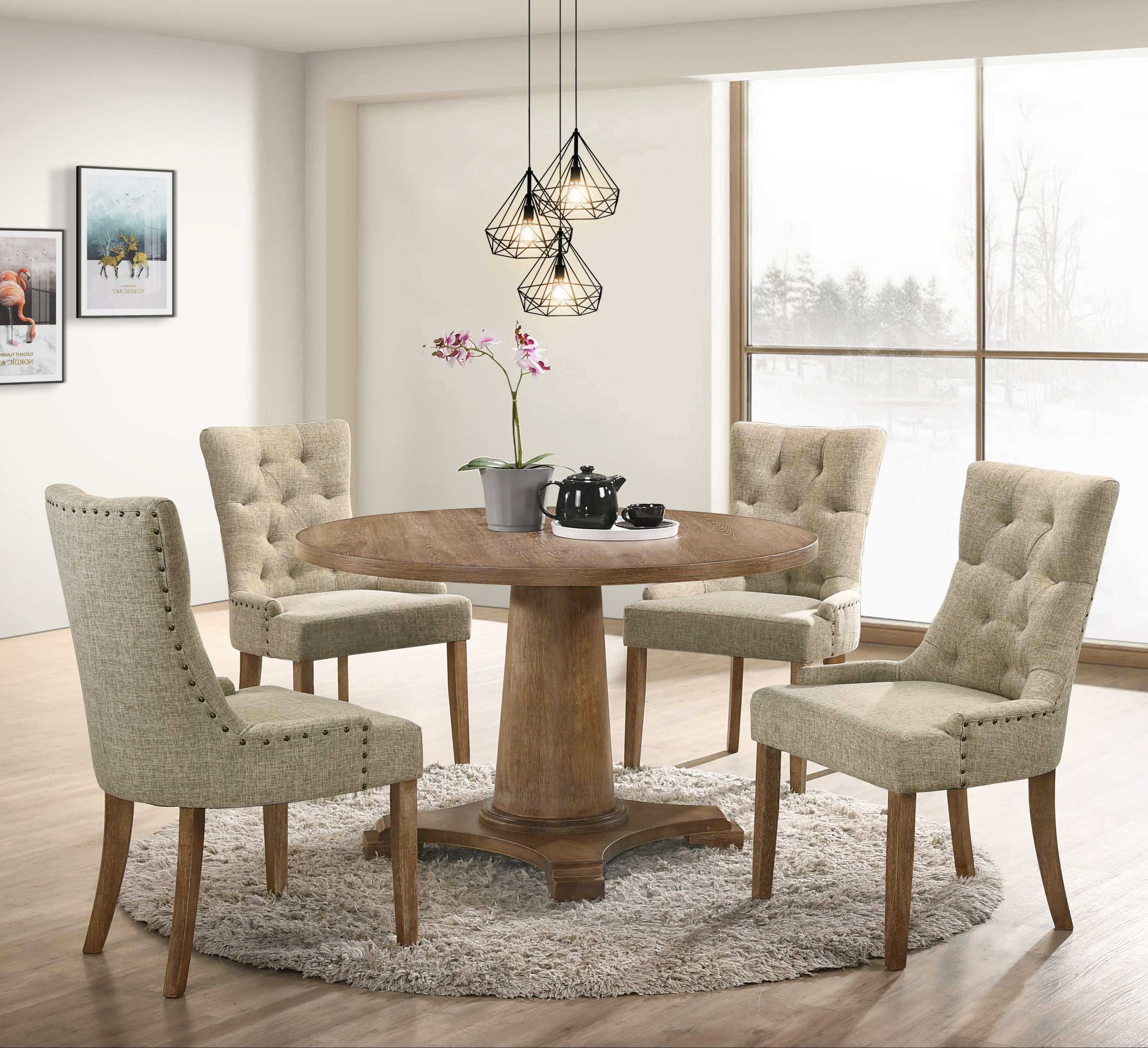 5-Piece Dining Room Set with Round Table and 4 Tufted Back Chairs