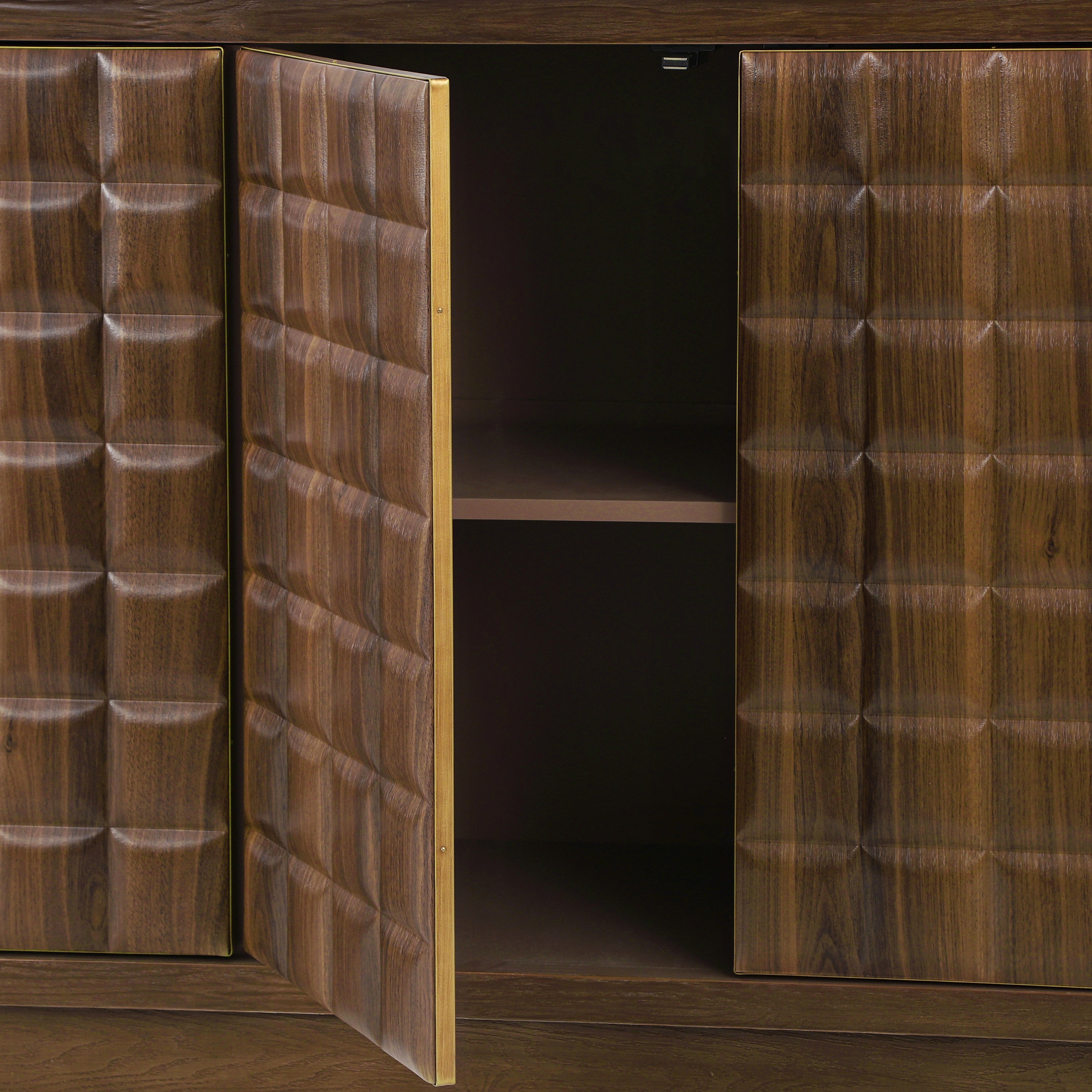 Modern 4-Door Storage Cabinet with 3D Geometric Doors & Metal Trim