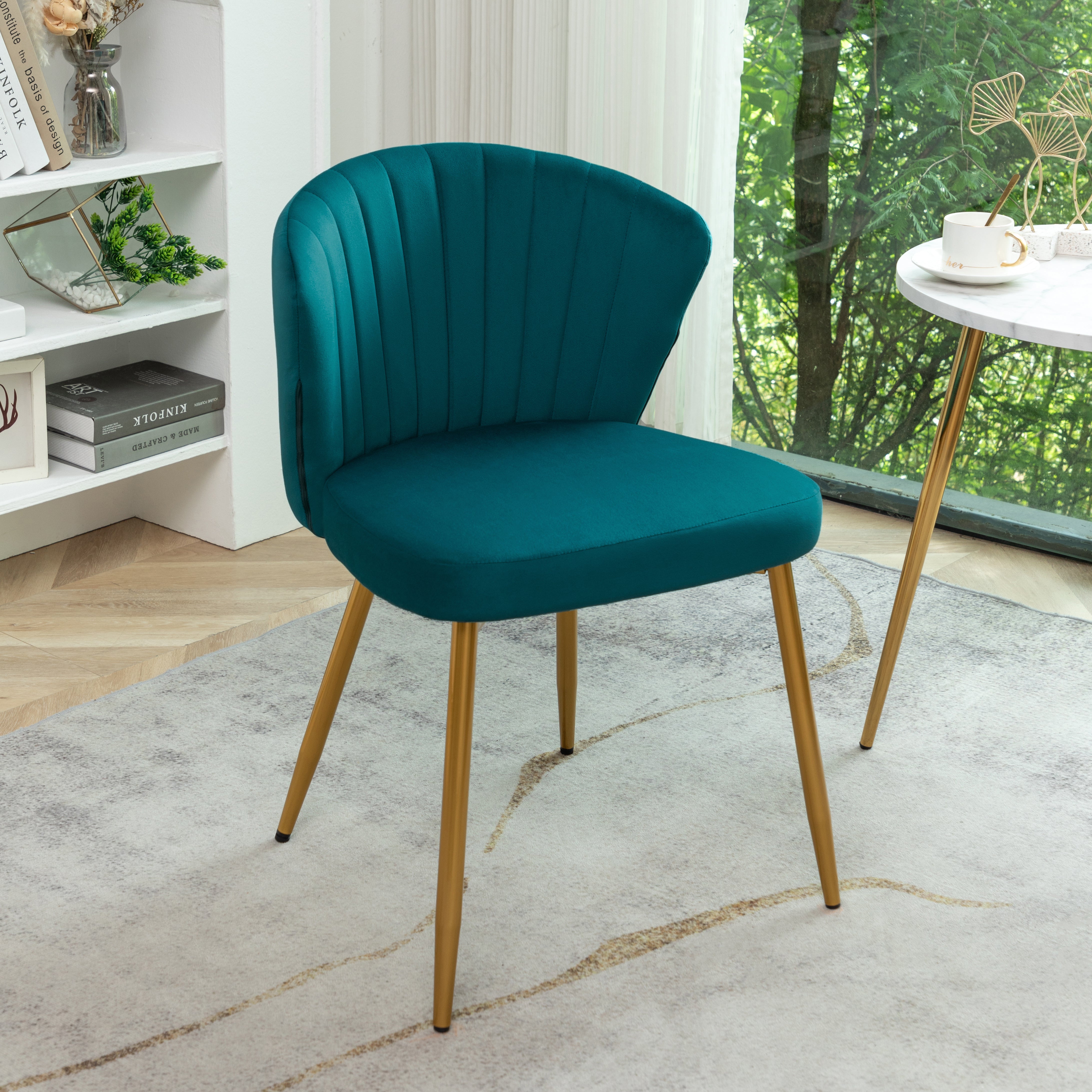 Modern Velvet Armless Accent Chair, Channel Tufted Dining Chair with Gold Metal Legs, Upholstered Side Chair for Living Room Bedroom Small Spaces