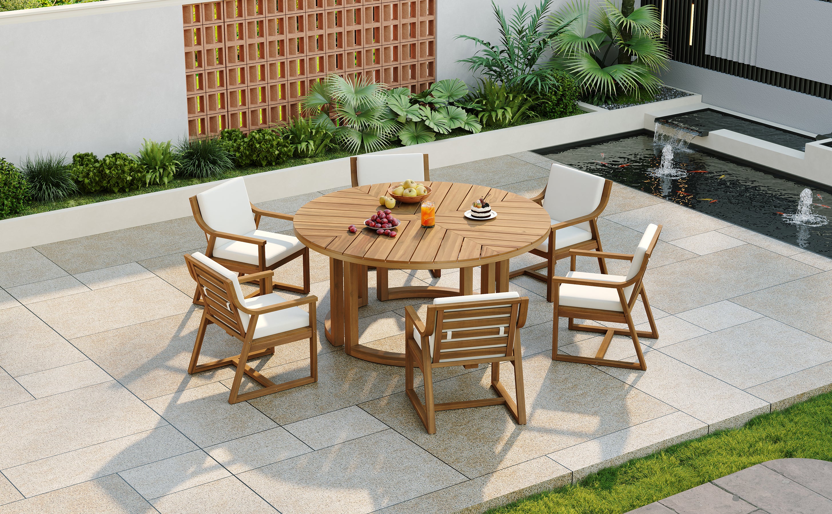 TREXM Patio Dining Table Set for 6, Round Dining Table with 1.96" Umbrella Hole, Outdoor Wooden Patio Furniture Set with Removable Cushions for Garden, Backyard and Pools (Light Teak+Beige Cushion)