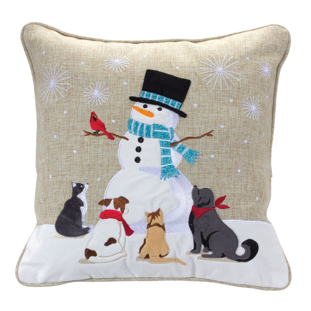 Embroidered Snowman Holiday Pillow 16"