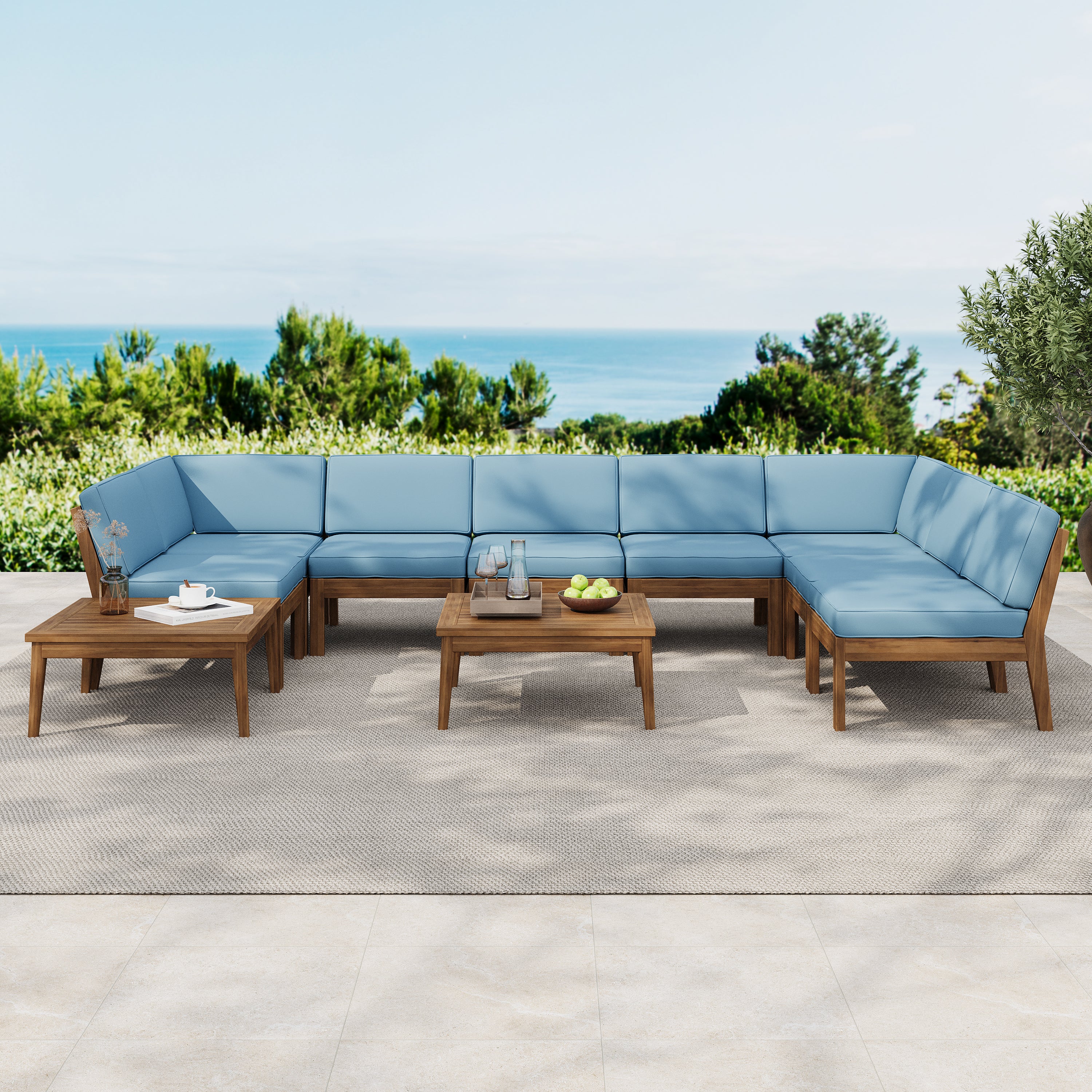 Grenada Outdoor Acacia Wood U-Shape Armless Sectional Sofa