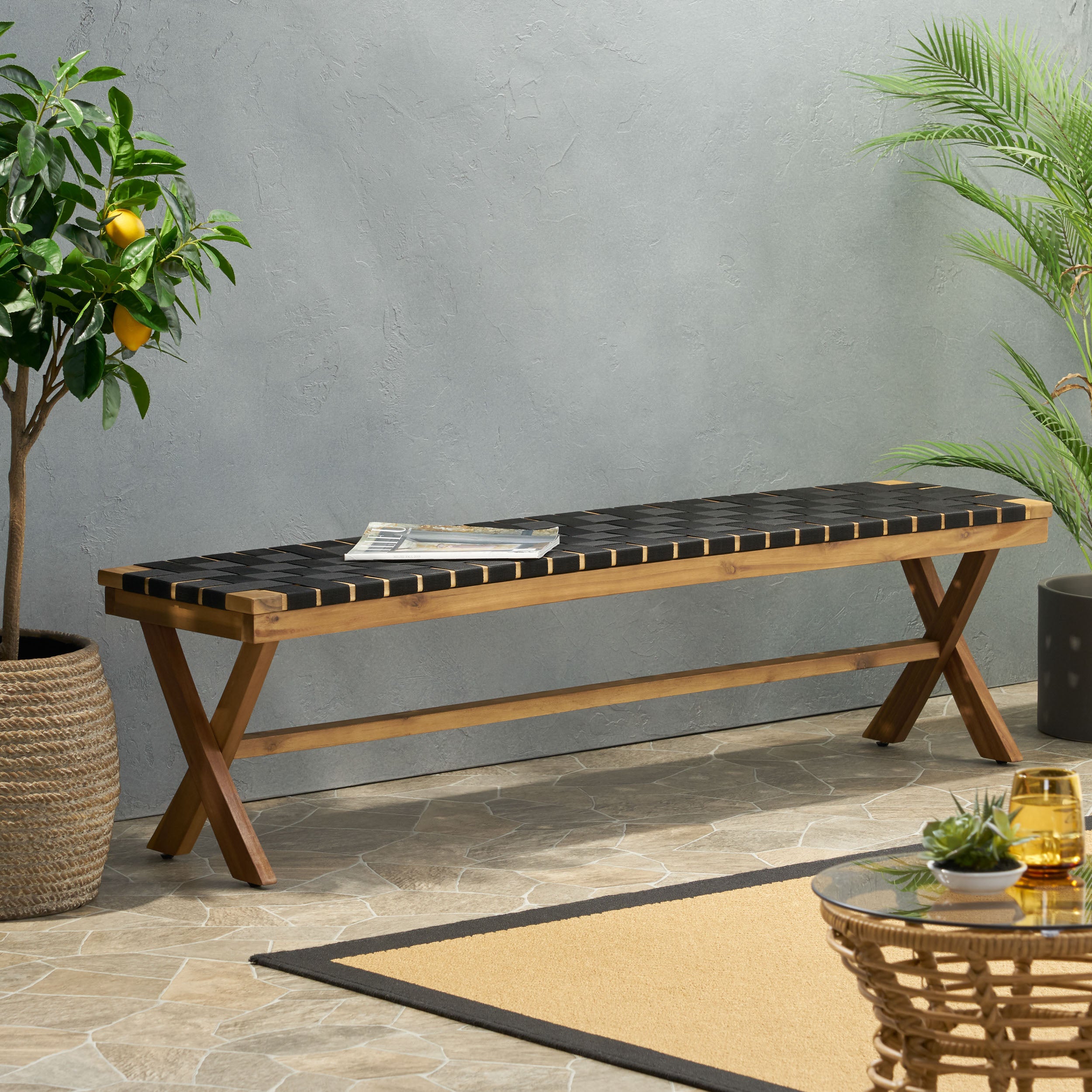 Outdoor Bench with Rope Weave Seat and X-Cross Base