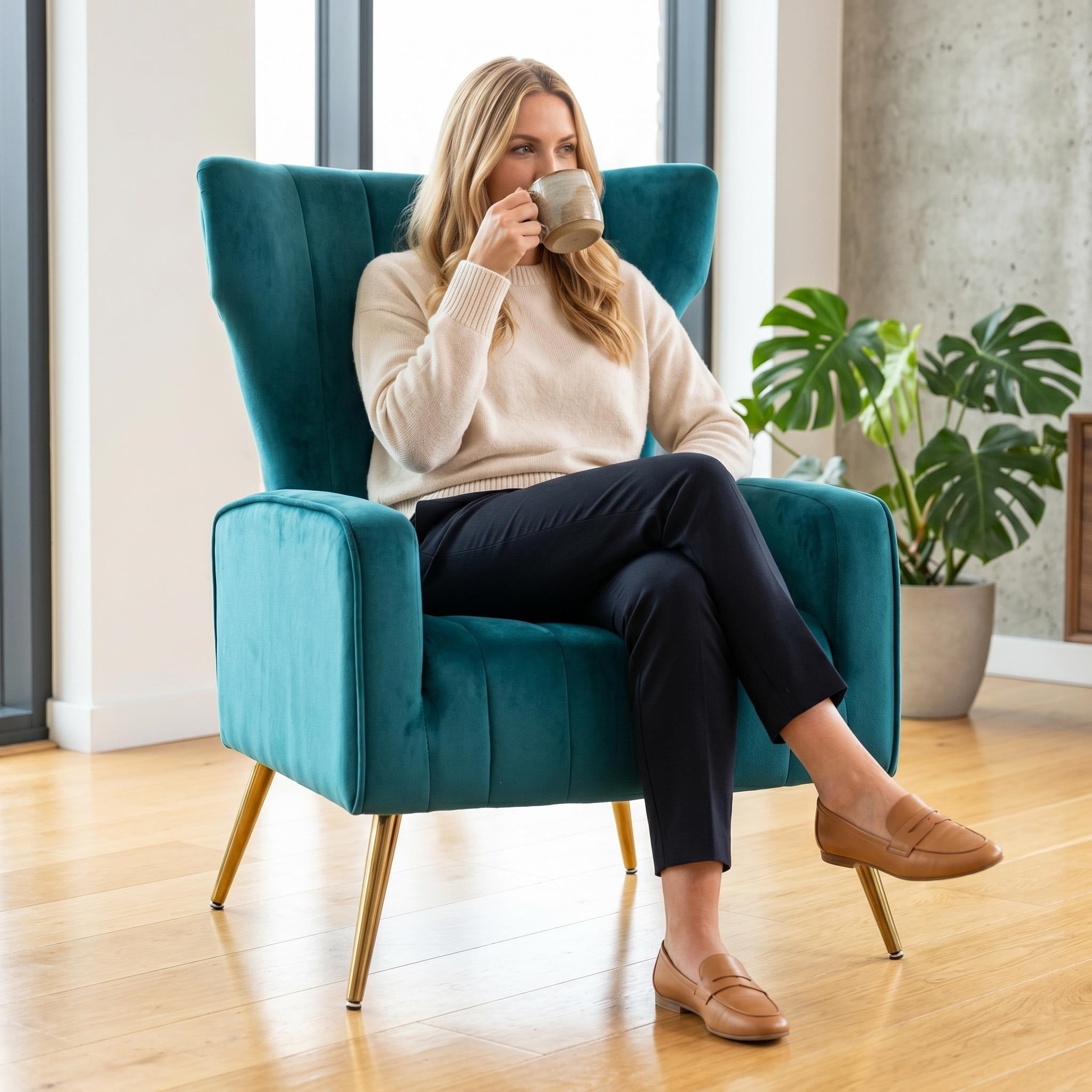 Velvet Accent Chair with Metal Legs, Modern Upholstered Armchair, Wingback Side Chair for Living Room Bedroom Small Spaces