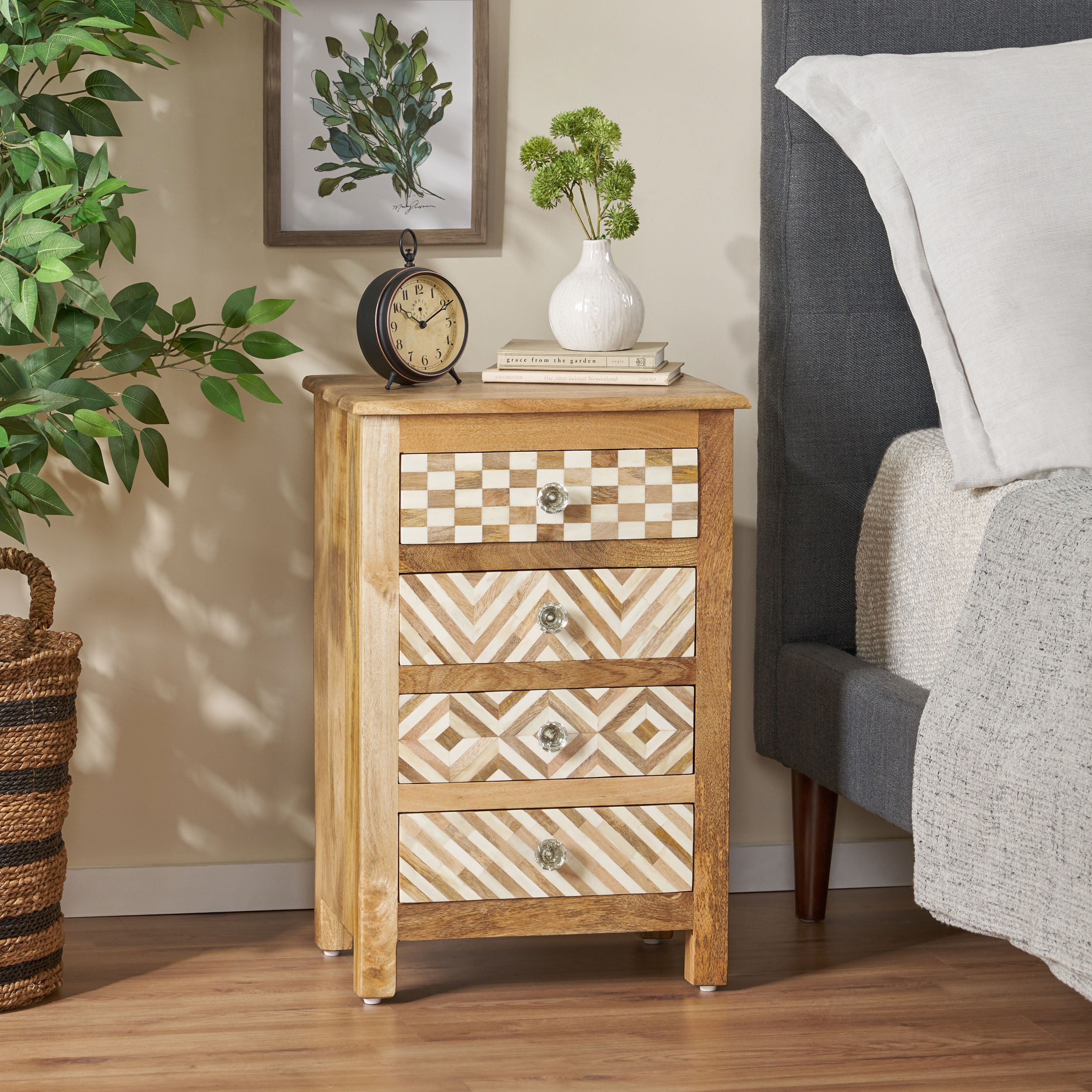 Wood with Bone Inlay Nightstand