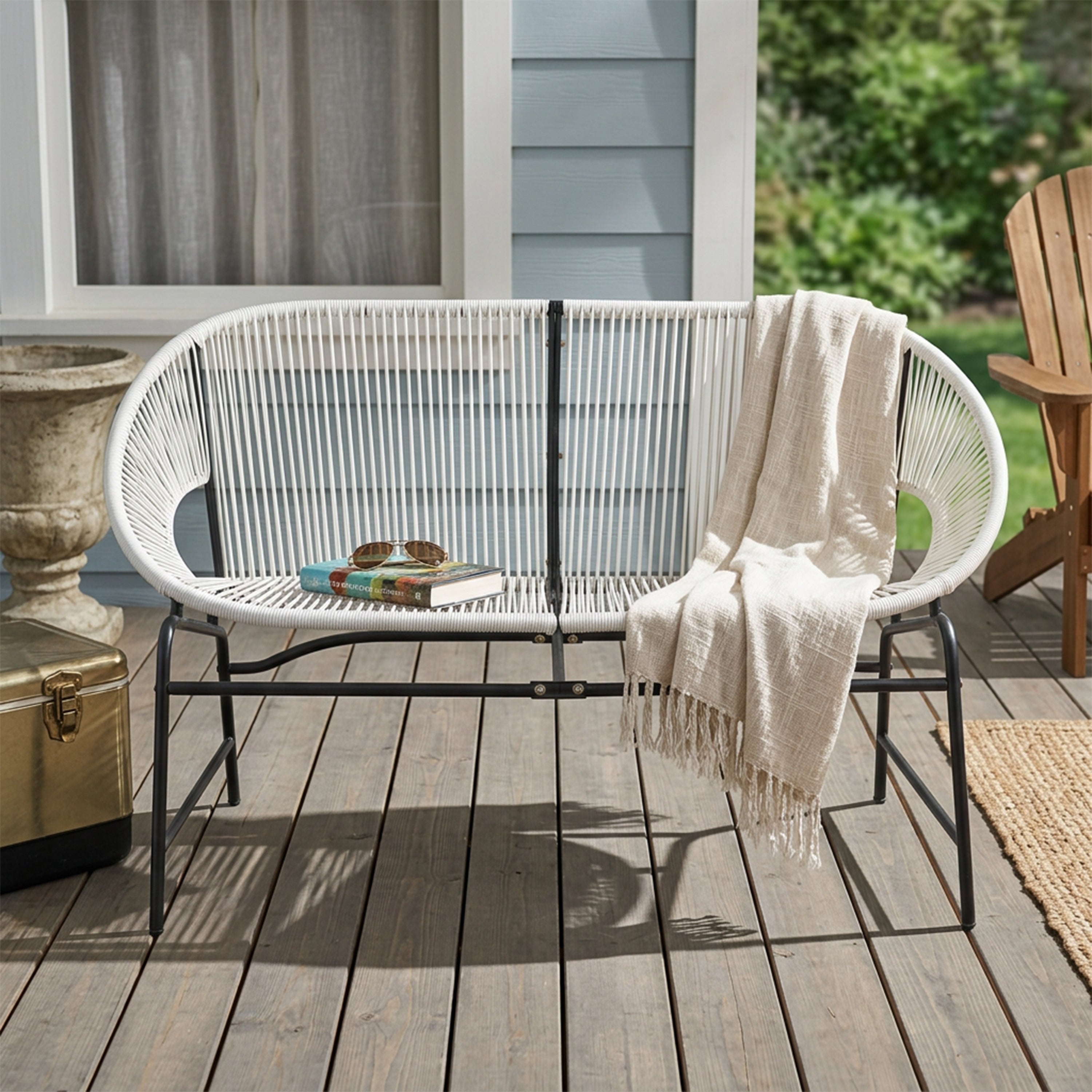 CONDESSA OUTDOOR PATIO WICKER LOVE SEAT, GREEN PE RATTAN & IRON FRAME, SET OF 1
