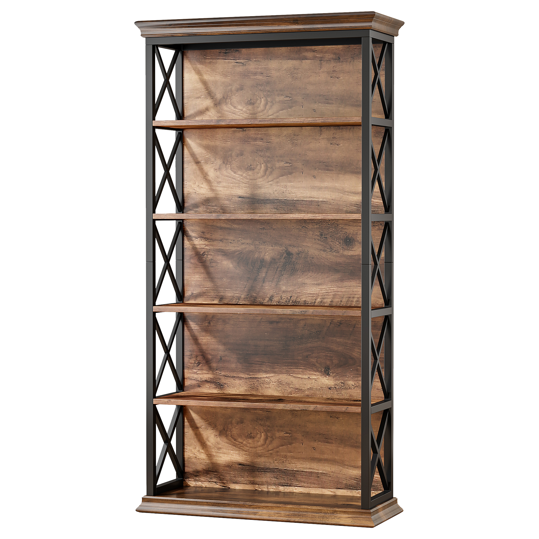 6-Tier Industrial Brown & Black Bookshelf with X-Pattern Design