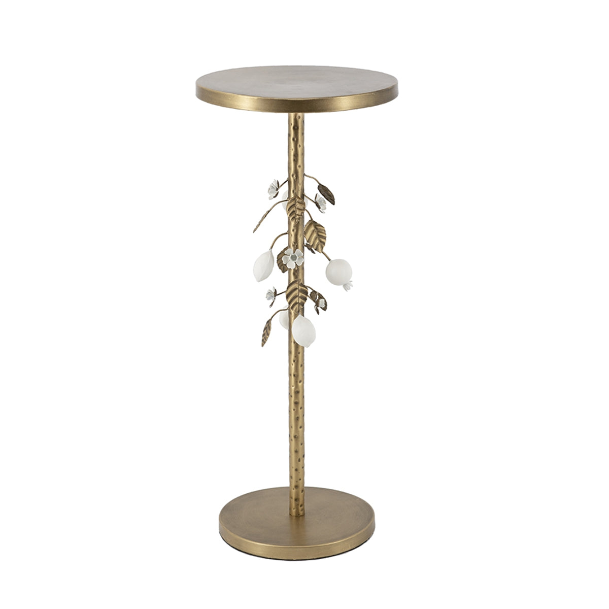 Round Iron Side Table with Gold and White Floral Accents and Cement Base