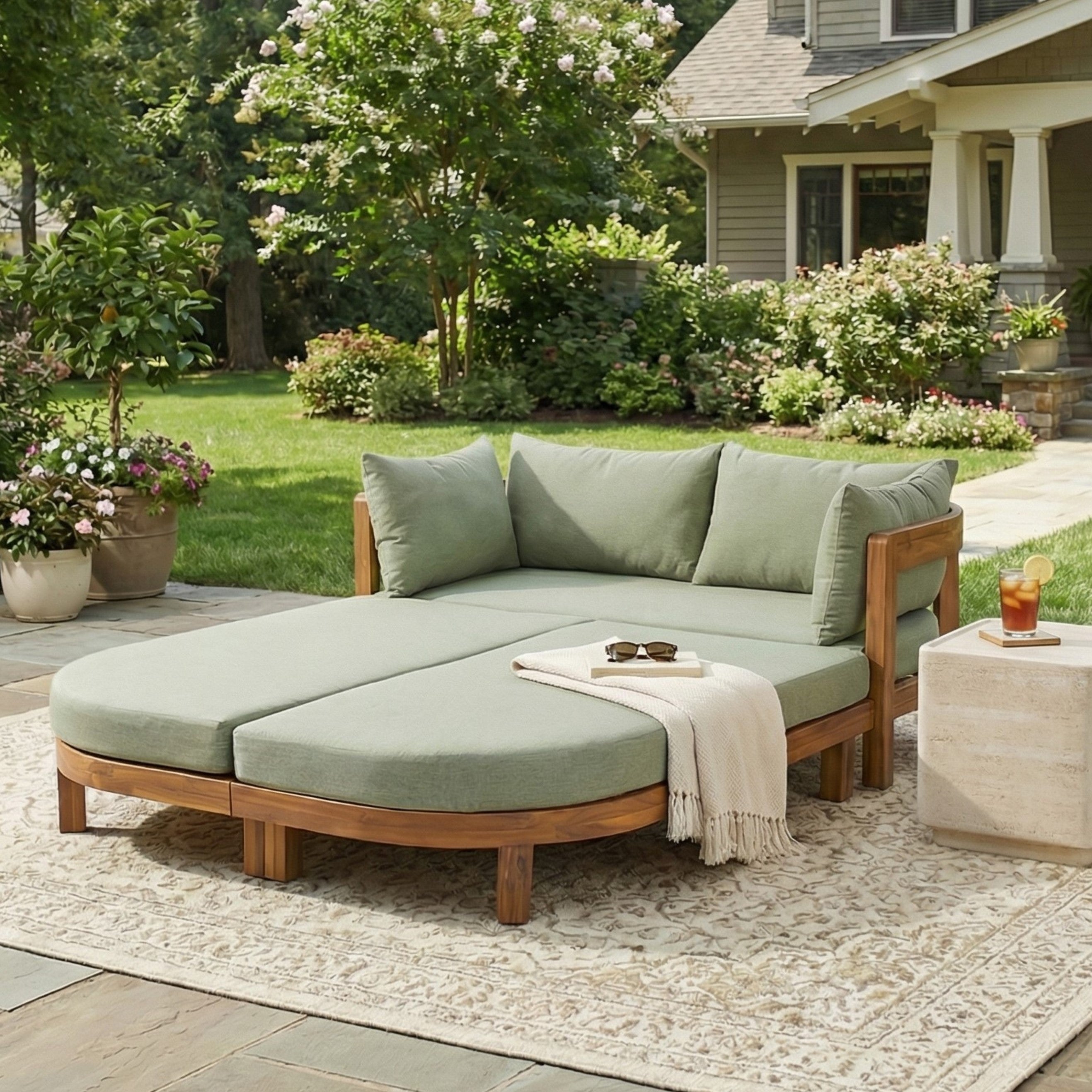 Donovan Outdoor Wood Daybed, Teak Finish With Green Cushion