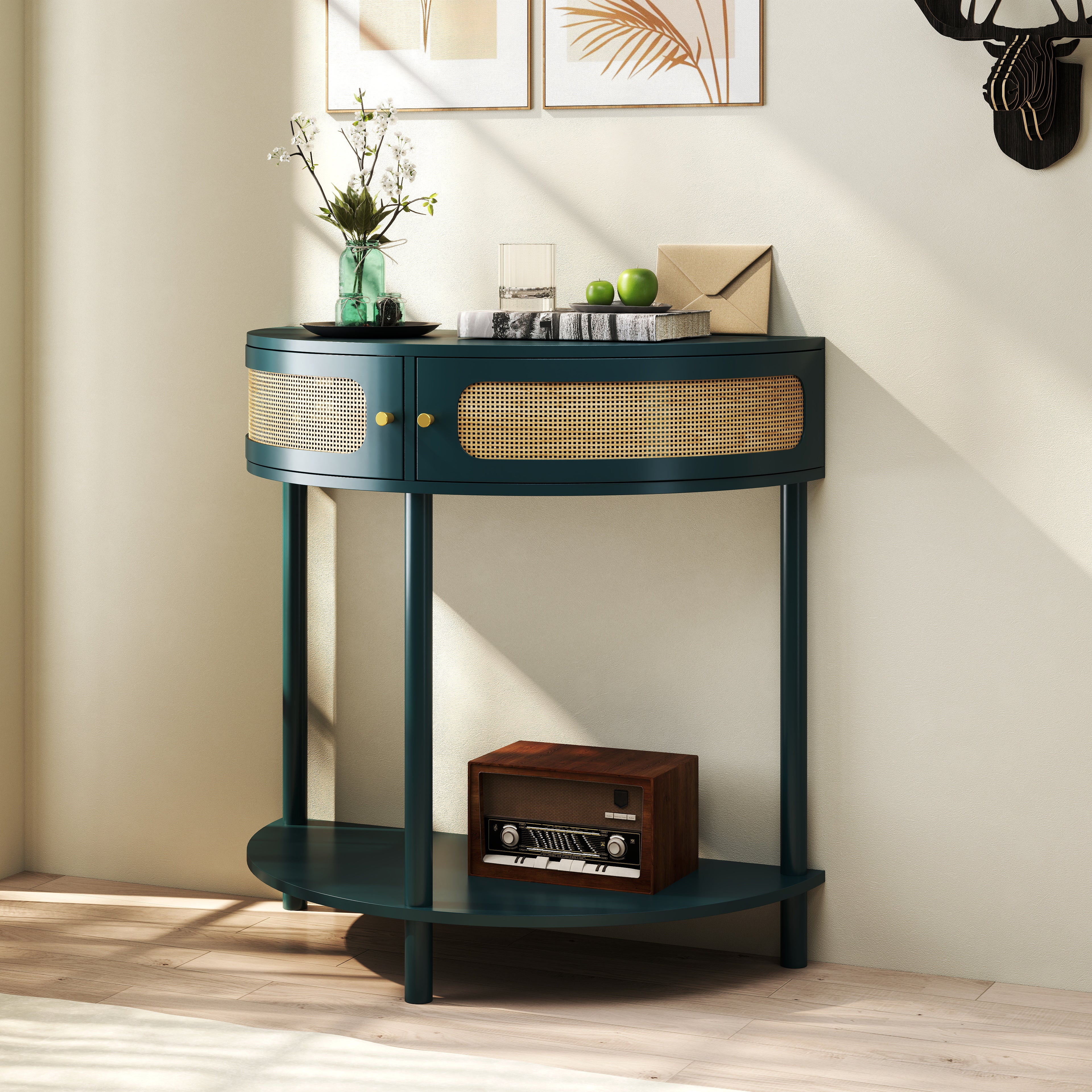 Boho Rattan Semi Circle End Table with Sliding Door