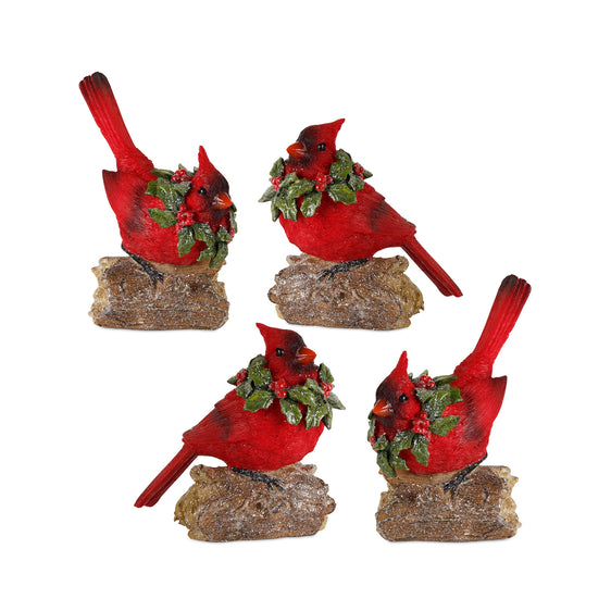 Perched-Cardinal-Bird-on-Log-with-Holly-Wreath-Accent-(set-of-2)-Red-Decor