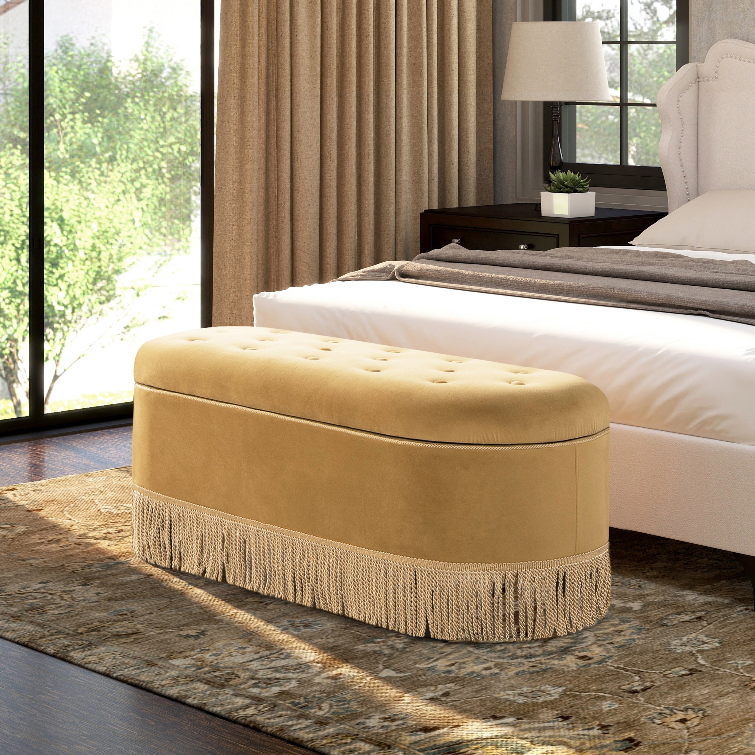 Melinda 48.5" Oval Tufted Bullion Fringe Storage Bench, Olive Green Performance Velvet