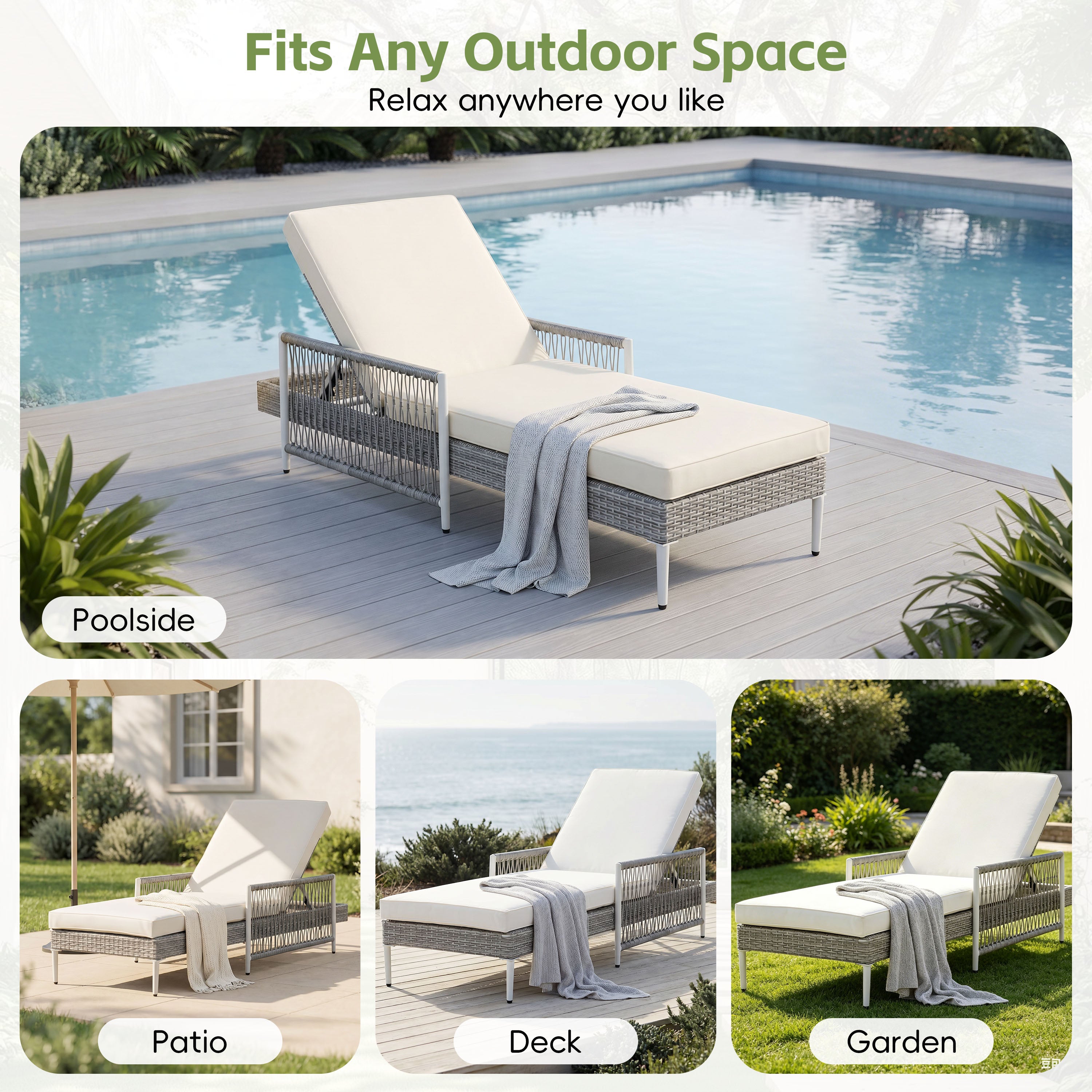 TOPMAX Outdoor All-Weather PE Rattan Chaise Lounge, Minimalist Patio Wicker Lounge Chair with 6 Gear Adjustable Recliner, Arms and Cushion for Poolside, Deck, Grey