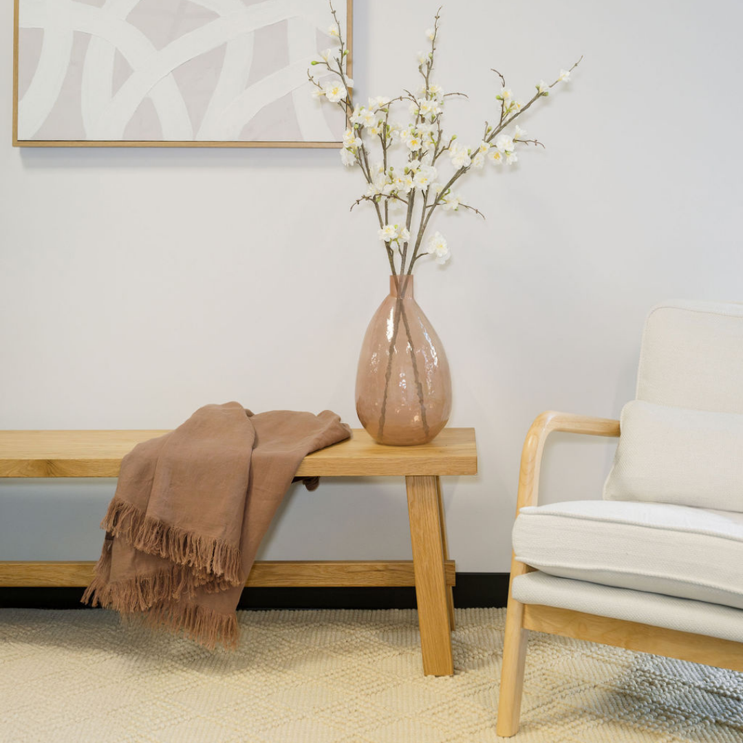 Hammered Blush Vase on Bench in Living Room