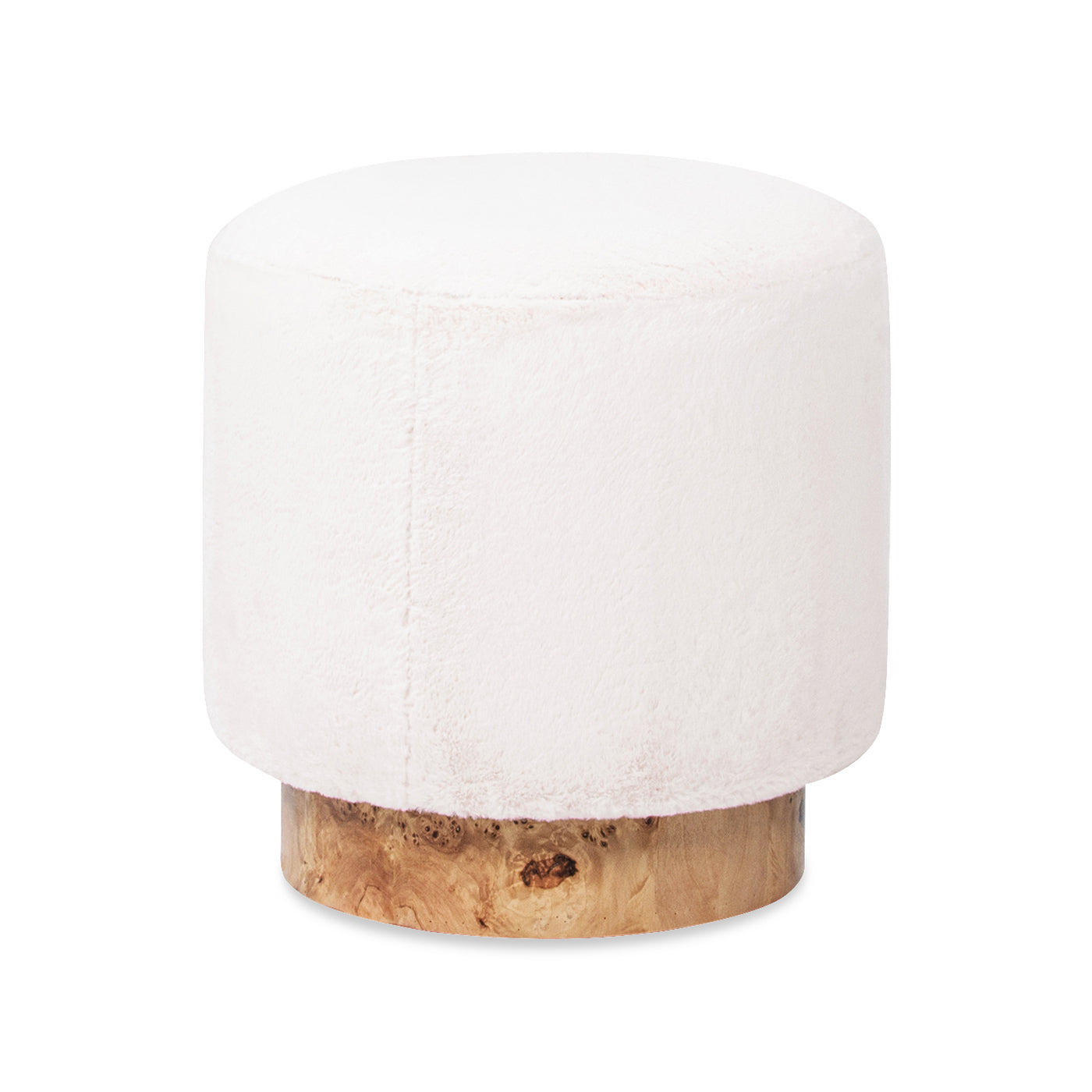 Upholstered Round Ottoman with Burl Wood Veneer Base