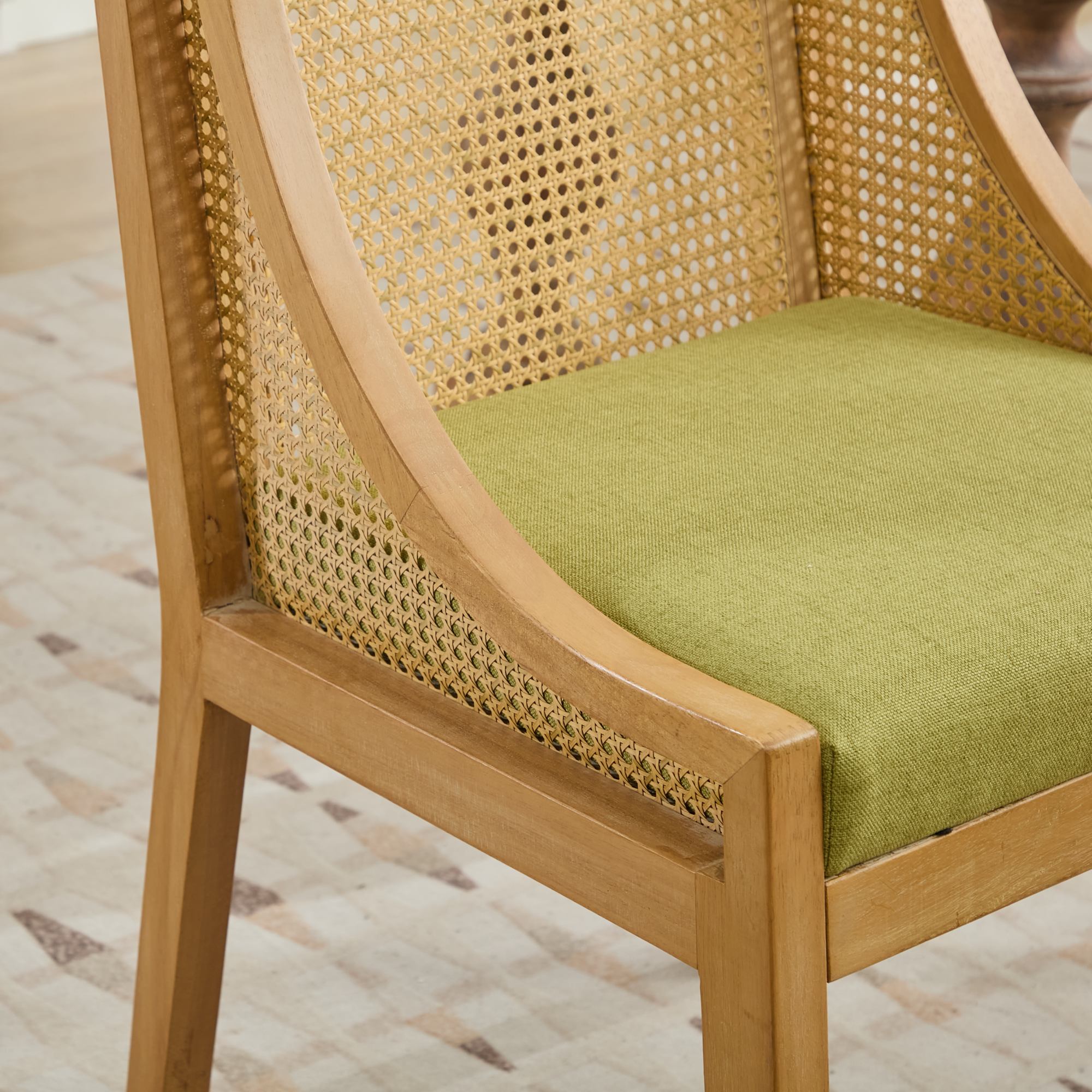 Linen Upholstered Rattan Dining Chair with Decorative Armrests