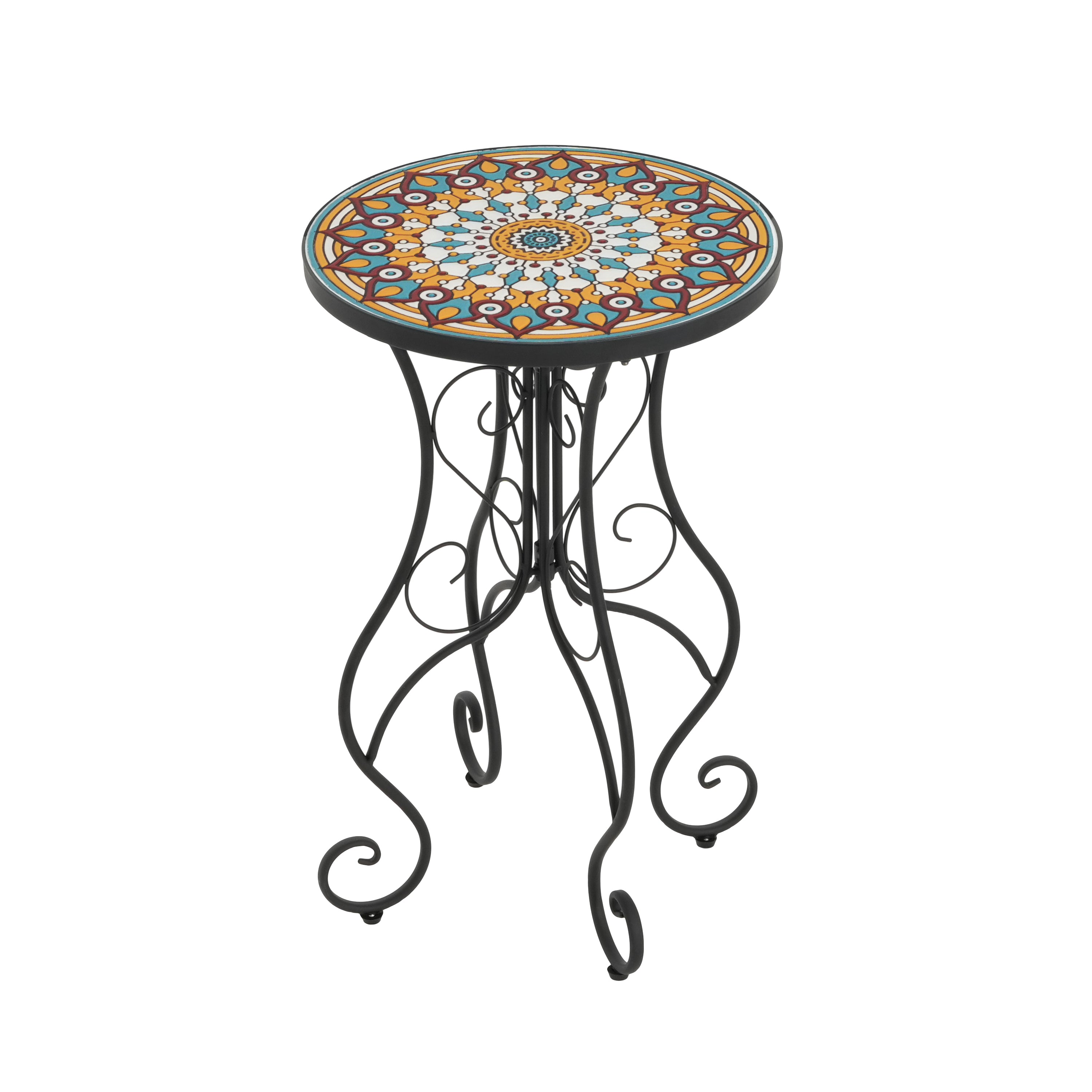 Unending Outdoor Ceramic Tile Side Table with Medallion Design