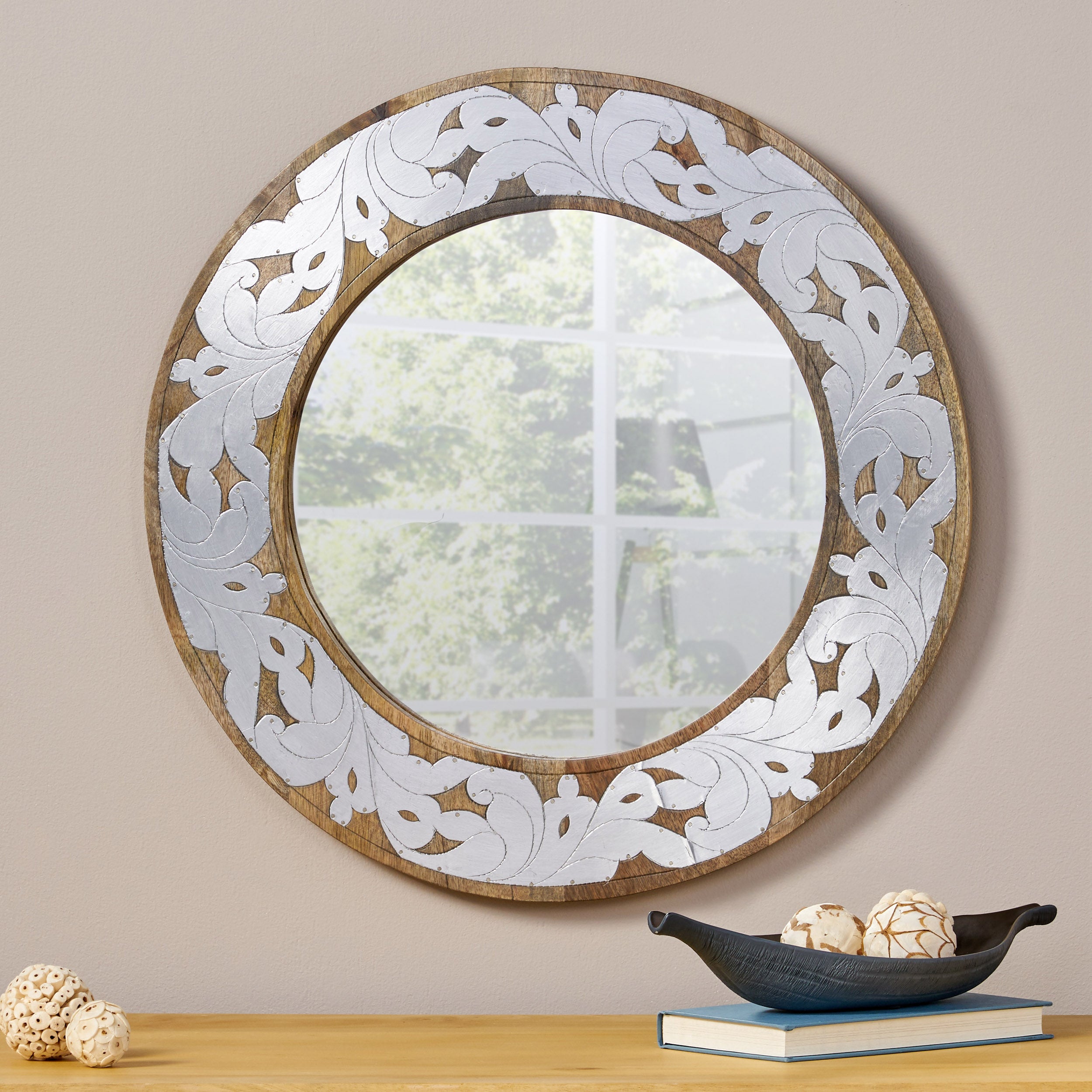 Round Wall Mirror with Metal Floral Pattern and Wood Frame