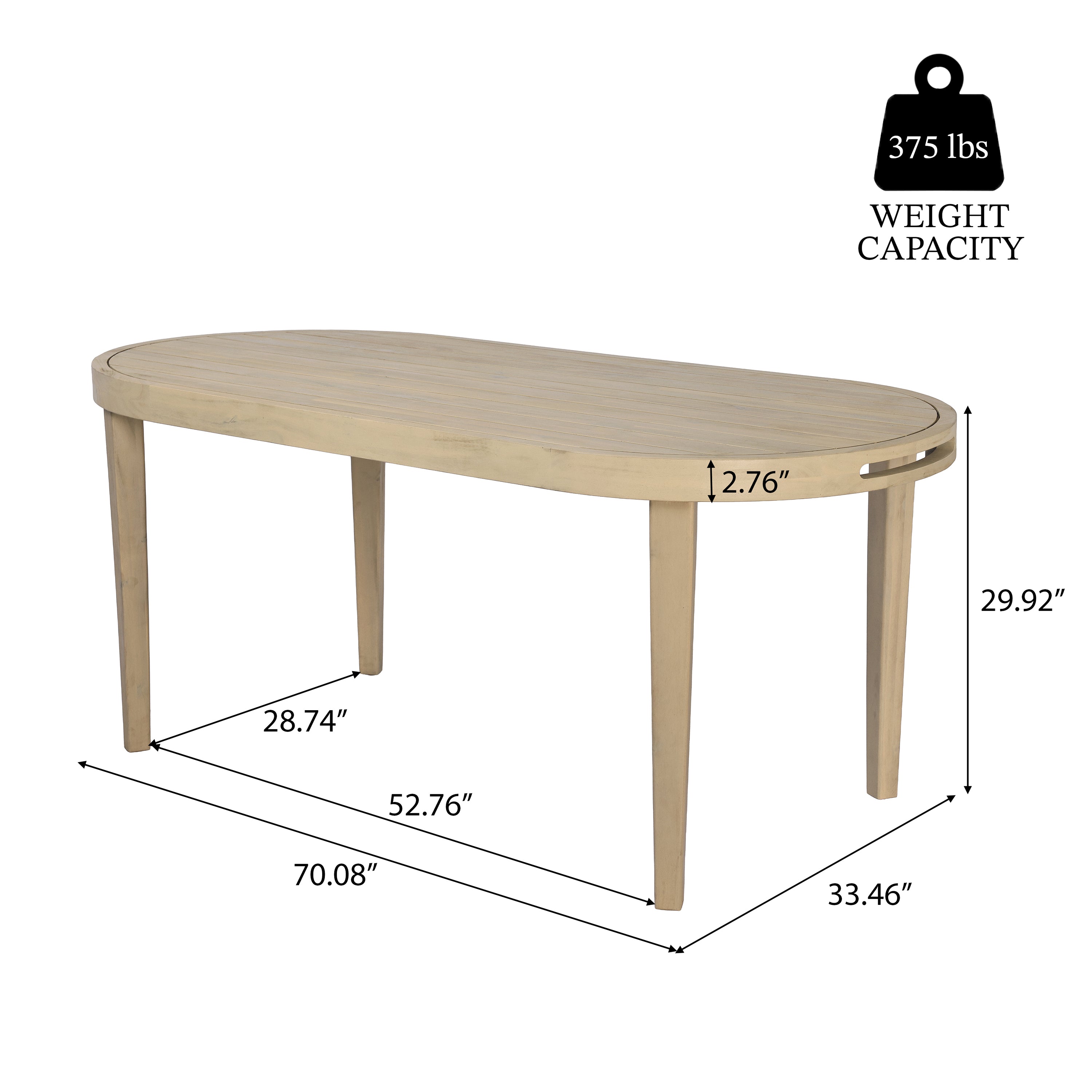 70" Oval Acacia Wood Outdoor Dining Table with Slatted Top, Weathered Finish