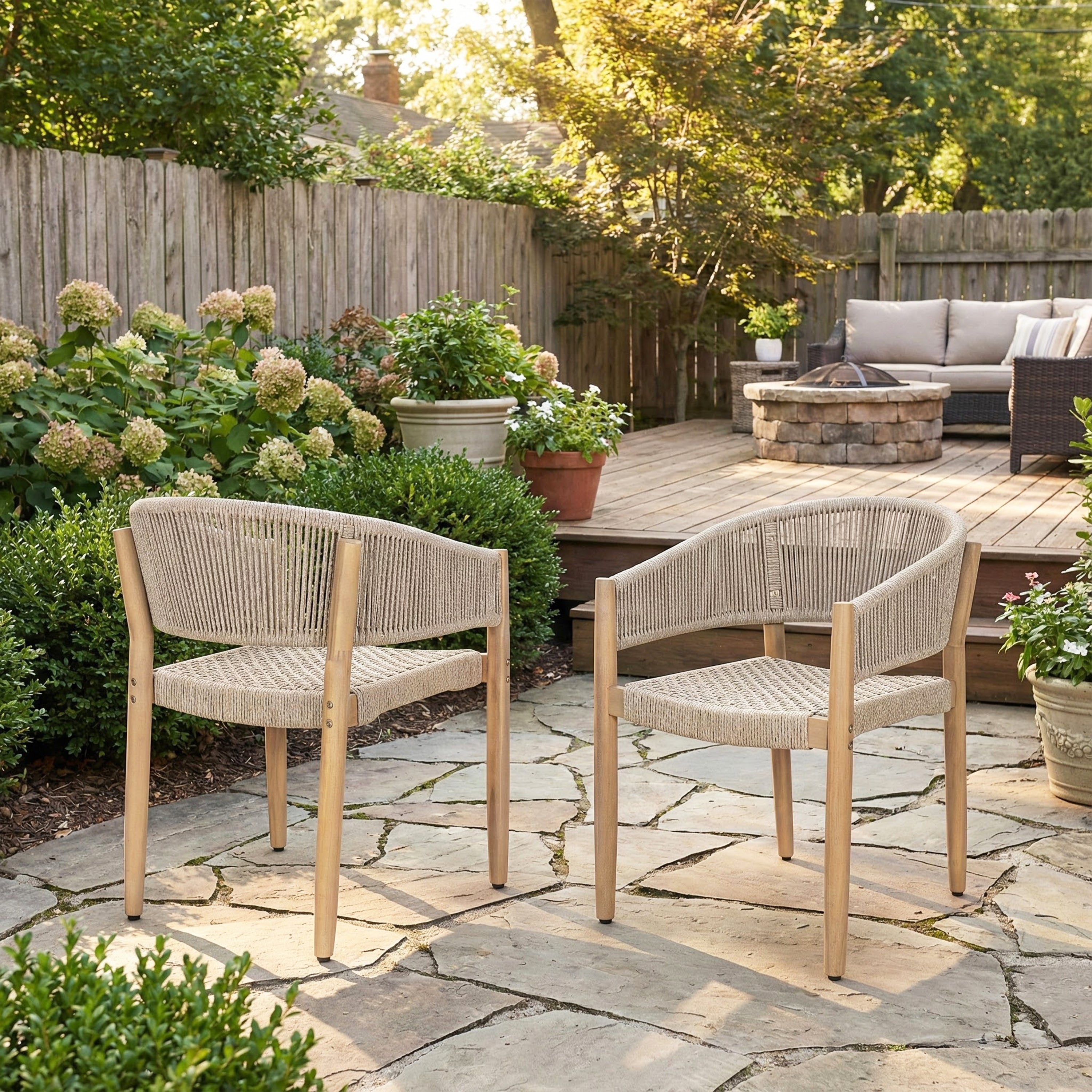 Verona Outdoor Acacia Wood Rope Dining Chairs, Set of 2