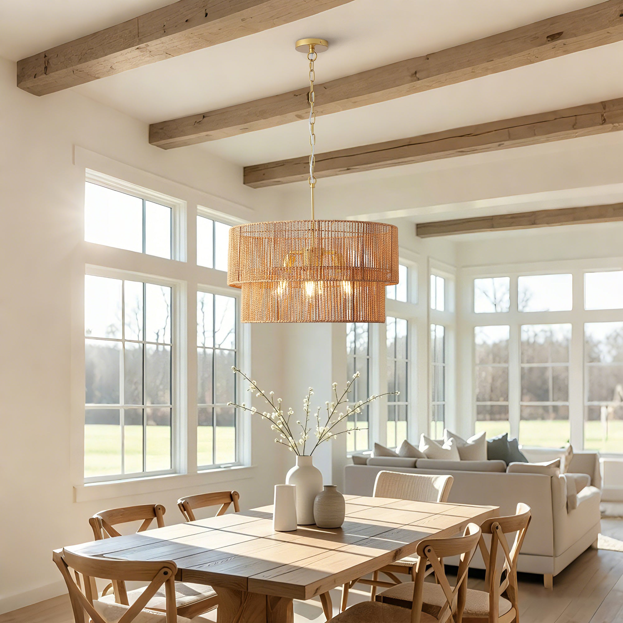 Handwoven Rattan Chandelier, 2-Tier Boho Wabi-Sabi Pendant Light