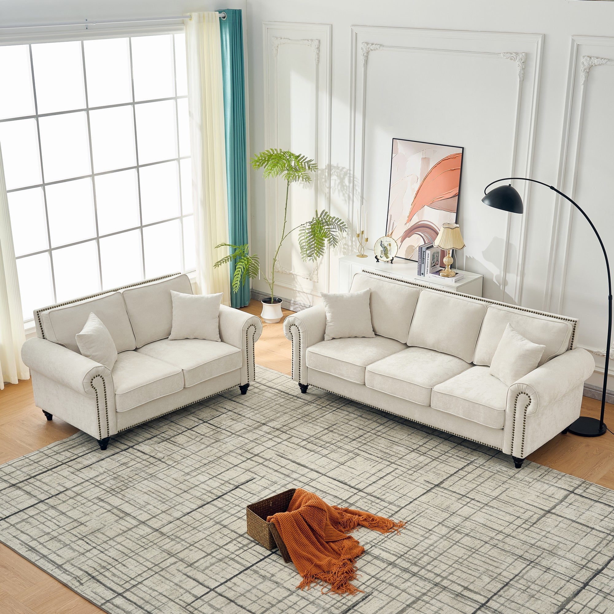 Modern 86" 3-Seater Sofa with Tufted Upholstery, Rolled Arms, and Nailhead Trim