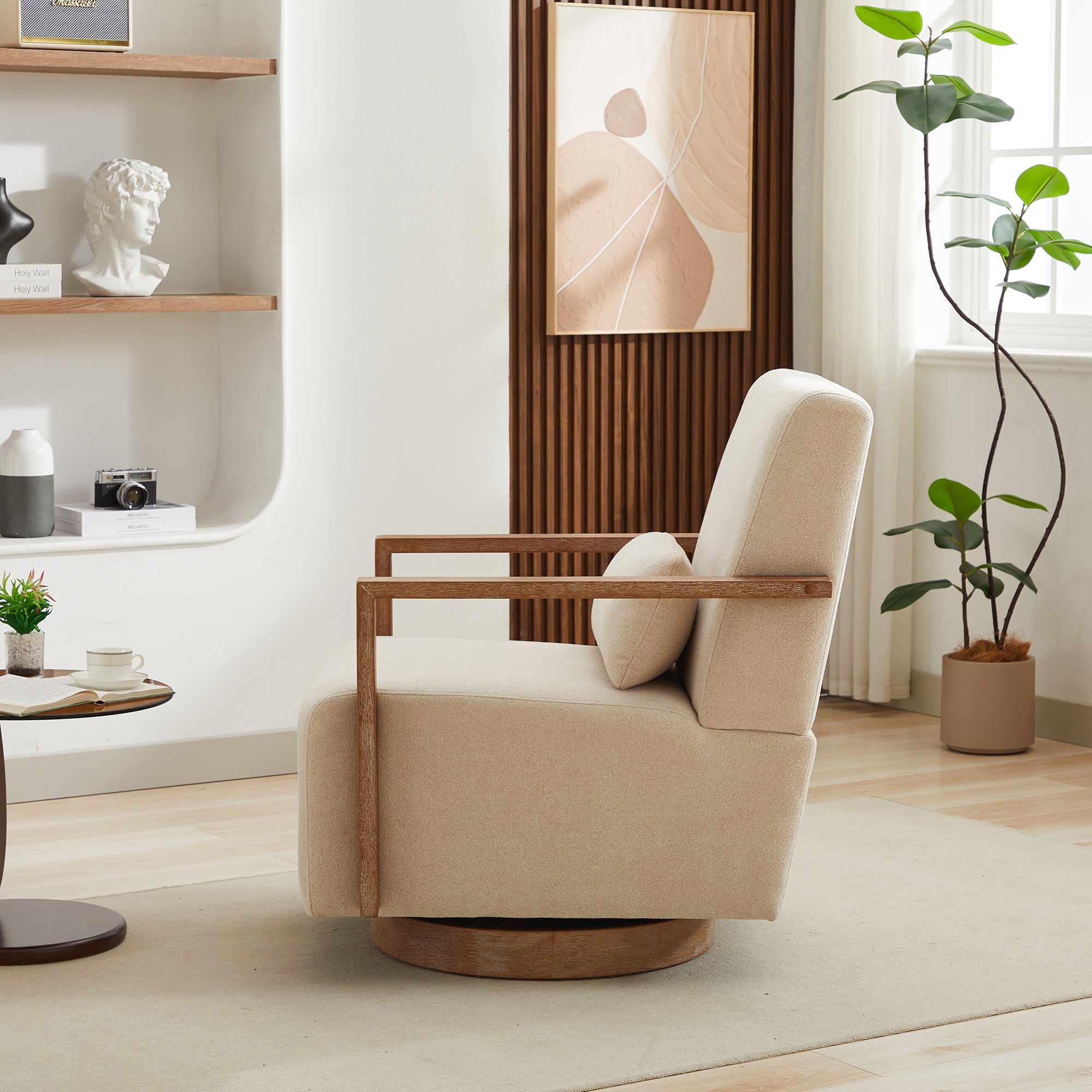 Swivel Modern Upholstered Accent Chair with Solid Wood Armrests
