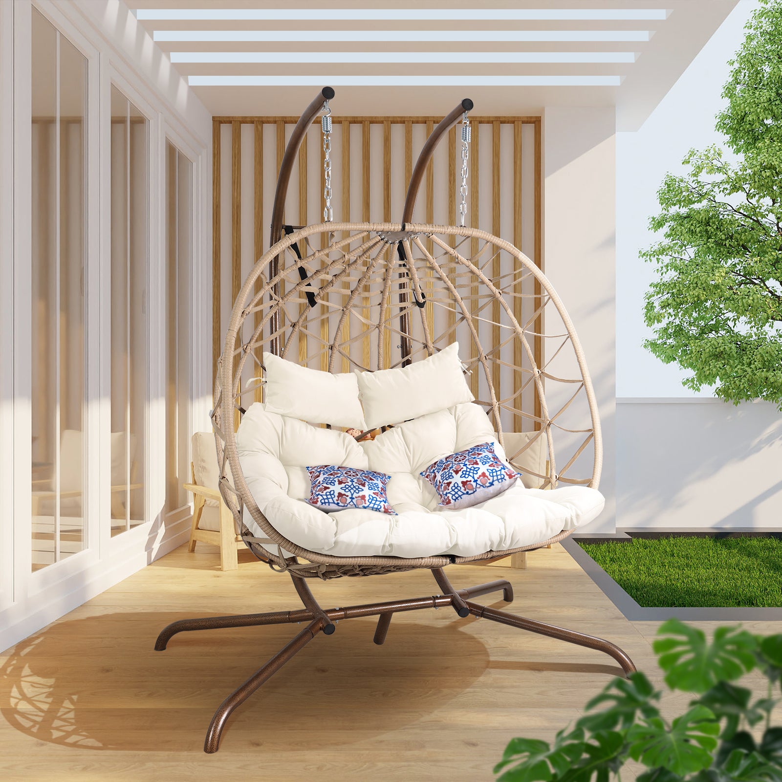 Shimmers Outdoor Rattan Egg Swing Chair with Stand, Thick Cushions and Pillow